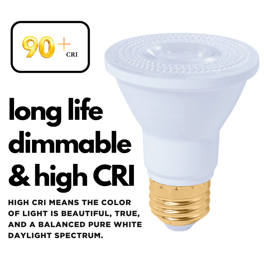 LED PAR20 with platinum white light. Has a long lifespan and is dimmable.