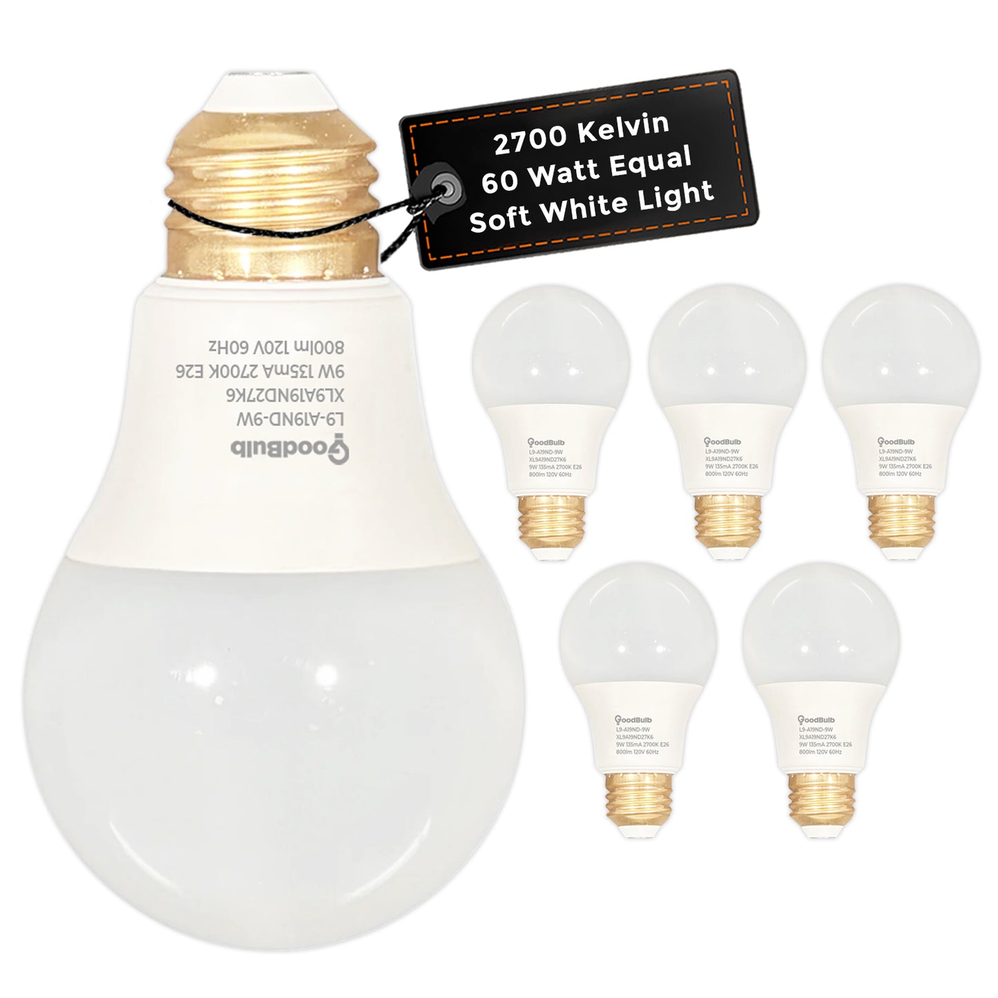 XL9A19ND27K6 LED A19 Light Bulb - 9W 800 Lumens 2700K Warm White - Front View
