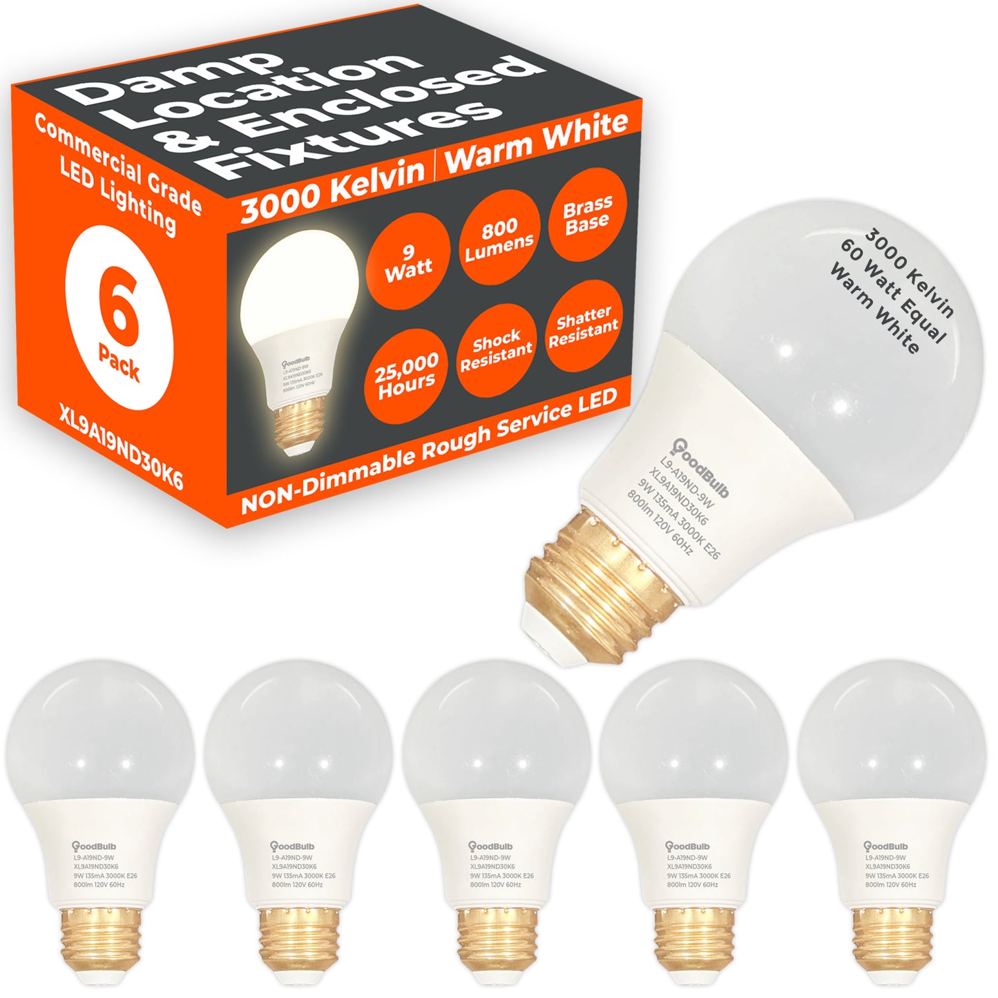 Side View of XL9A19ND30K6 A19 LED Bulb - E26 Base, 800 Lumens Output
