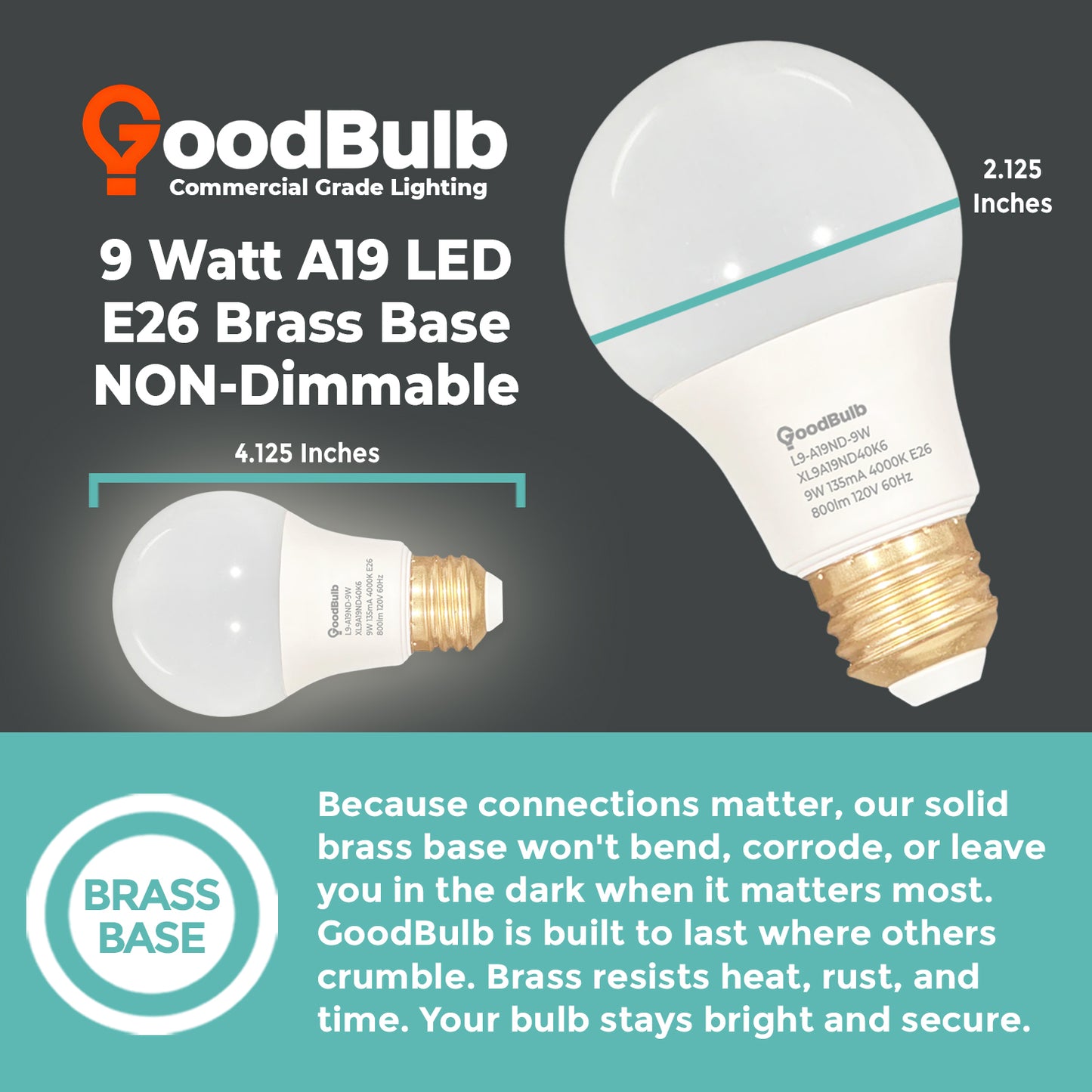 Dimensions of XL9A19ND40K LED A19 Bulb - Standard A19 Shape, 9 Watt Size