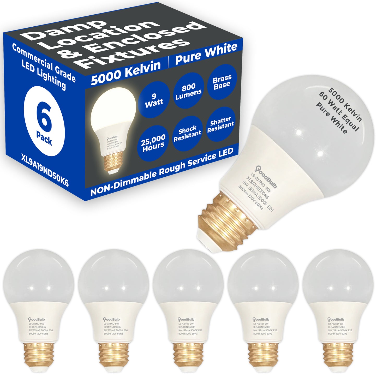 XL9A19ND50K6 LED A19 Bulb Side View - Medium E26 Base, Frosted Finish