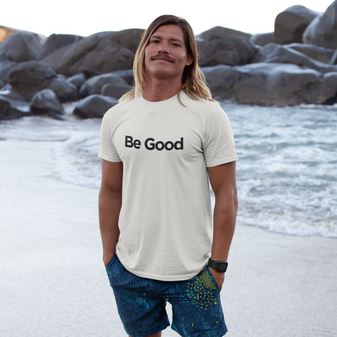 Person wearing all white Be good short sleeve t-shirt product showcase.
