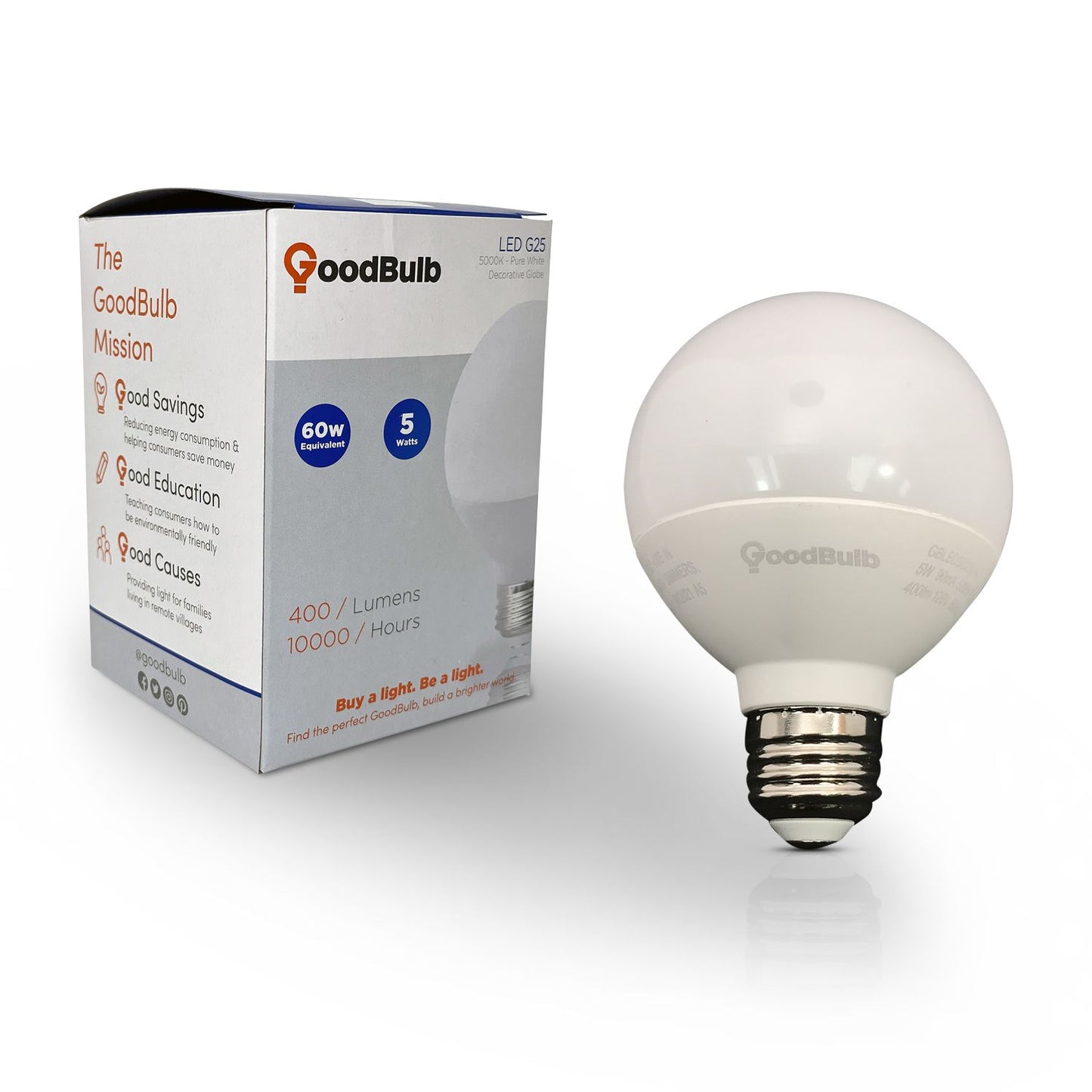 Wide beam globe LED light bulb with a platinum white light showcasing box and the GoodBulb mission.