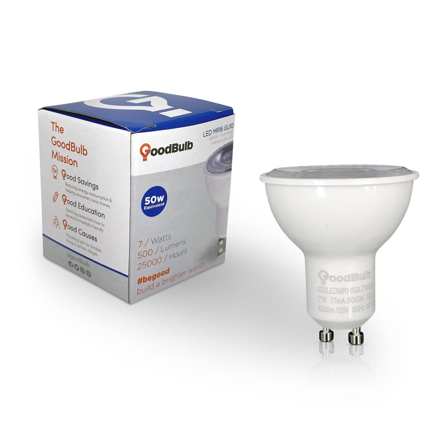 7 watt dimmable LED reflector with a platinum white light. Extreme energy savings. Showing box in background.