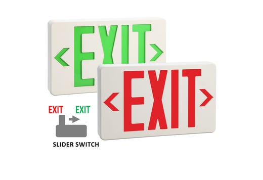 Emergence LED Exit Sign White Thermoplastic Red/Green Selectable Single/Double Face 120ā277V Battery Backup