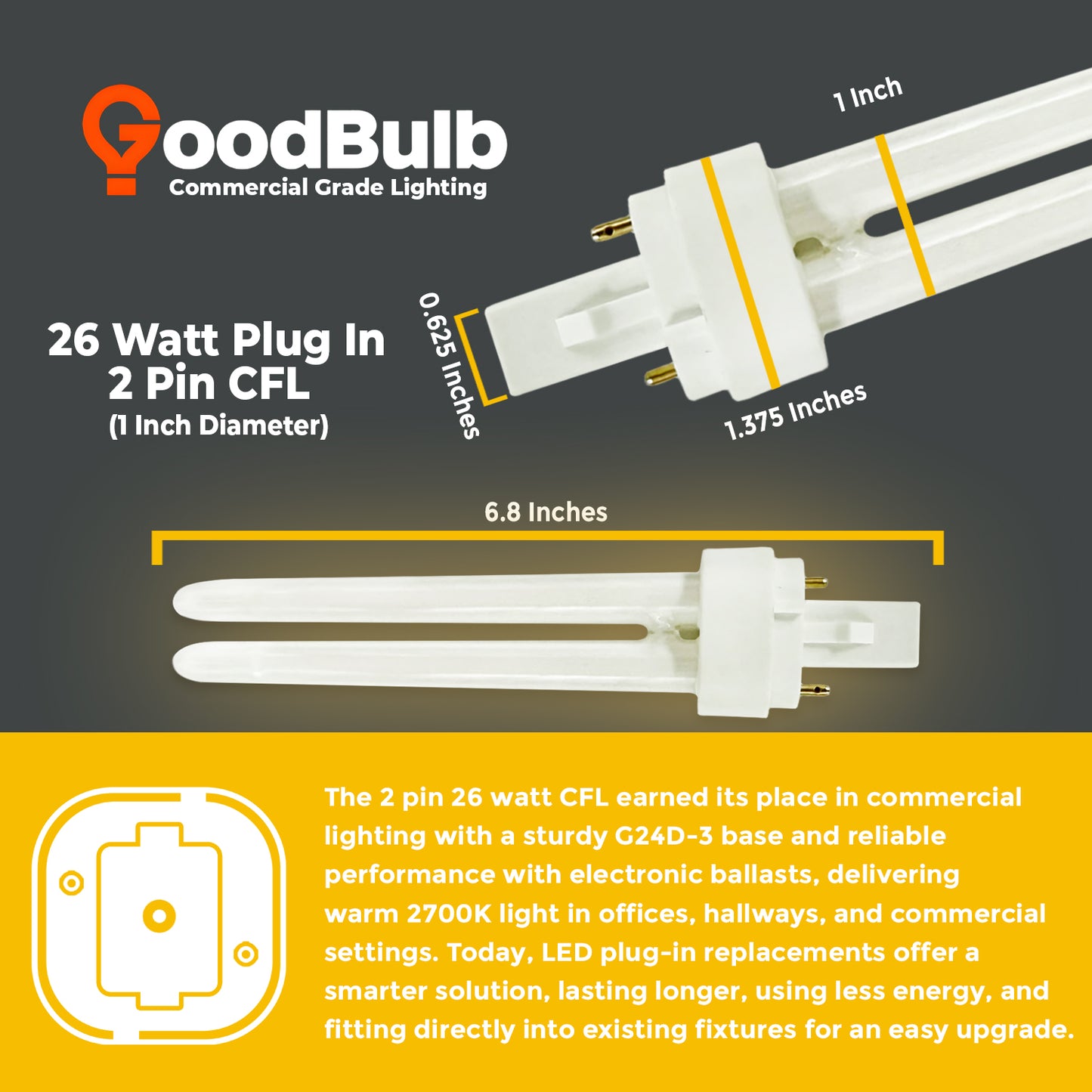 26 Watt CFL Bulbs - 2700K Incandescent Glow - 2 Pin G24D-3 - 26W 1800 Lumens - Double Tube Compact Fluorescent Plug-in