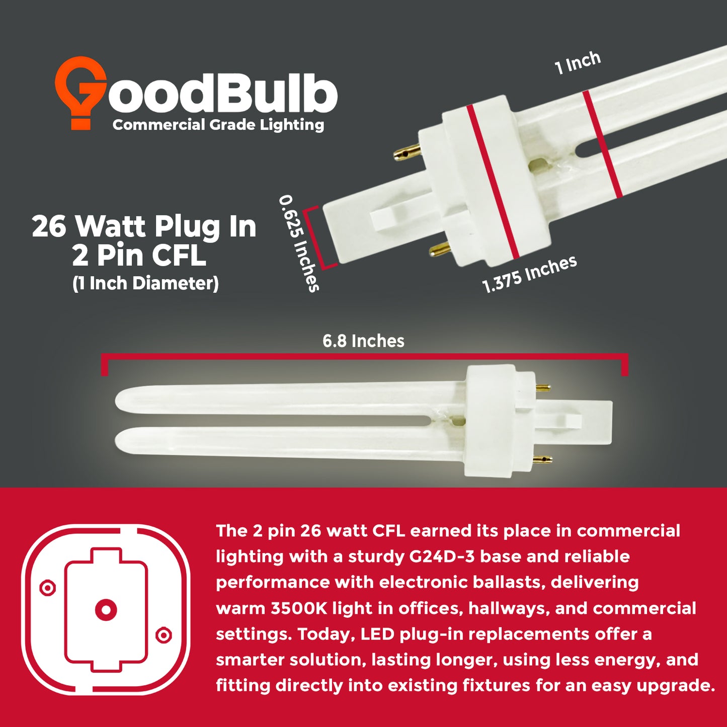 26 Watt CFL Bulbs - 3500K Soft White - 2 Pin G24D-3 - 26W 1800 Lumens - Double Tube Compact Fluorescent Plug-in
