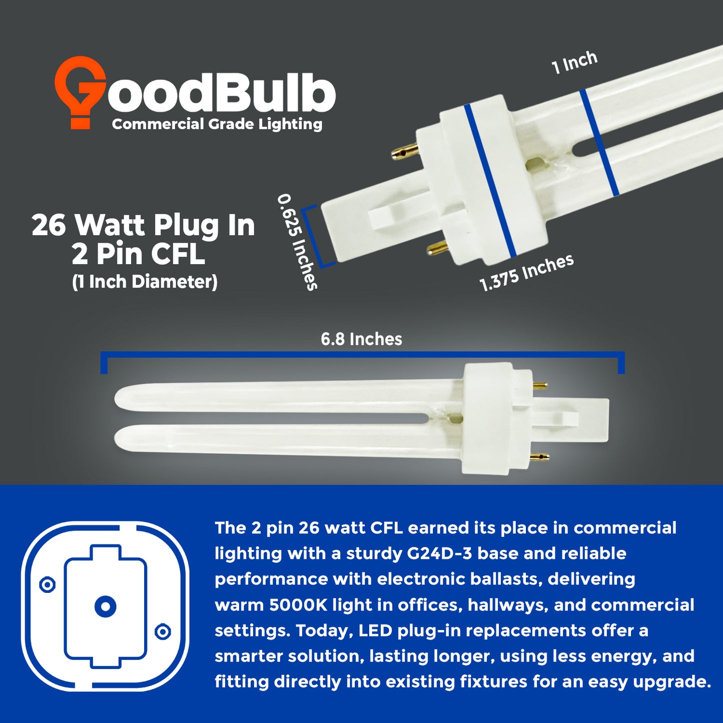 26 Watt CFL Bulbs - 5000K Pure White - 2 Pin G24D-3 - 26W 1800 Lumens - Double Tube Compact Fluorescent Plug-in