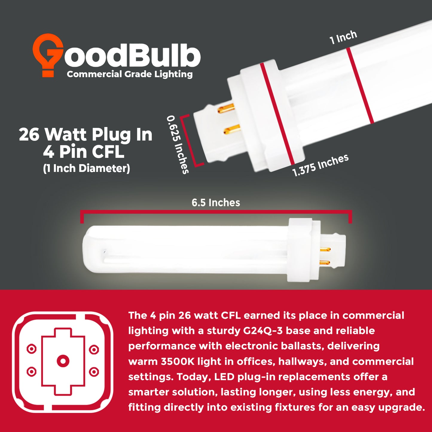 CF26W/835/4P/ECO compact fluorescent bulb dimensions – 26 watt 4-pin plug-in lamp size guide