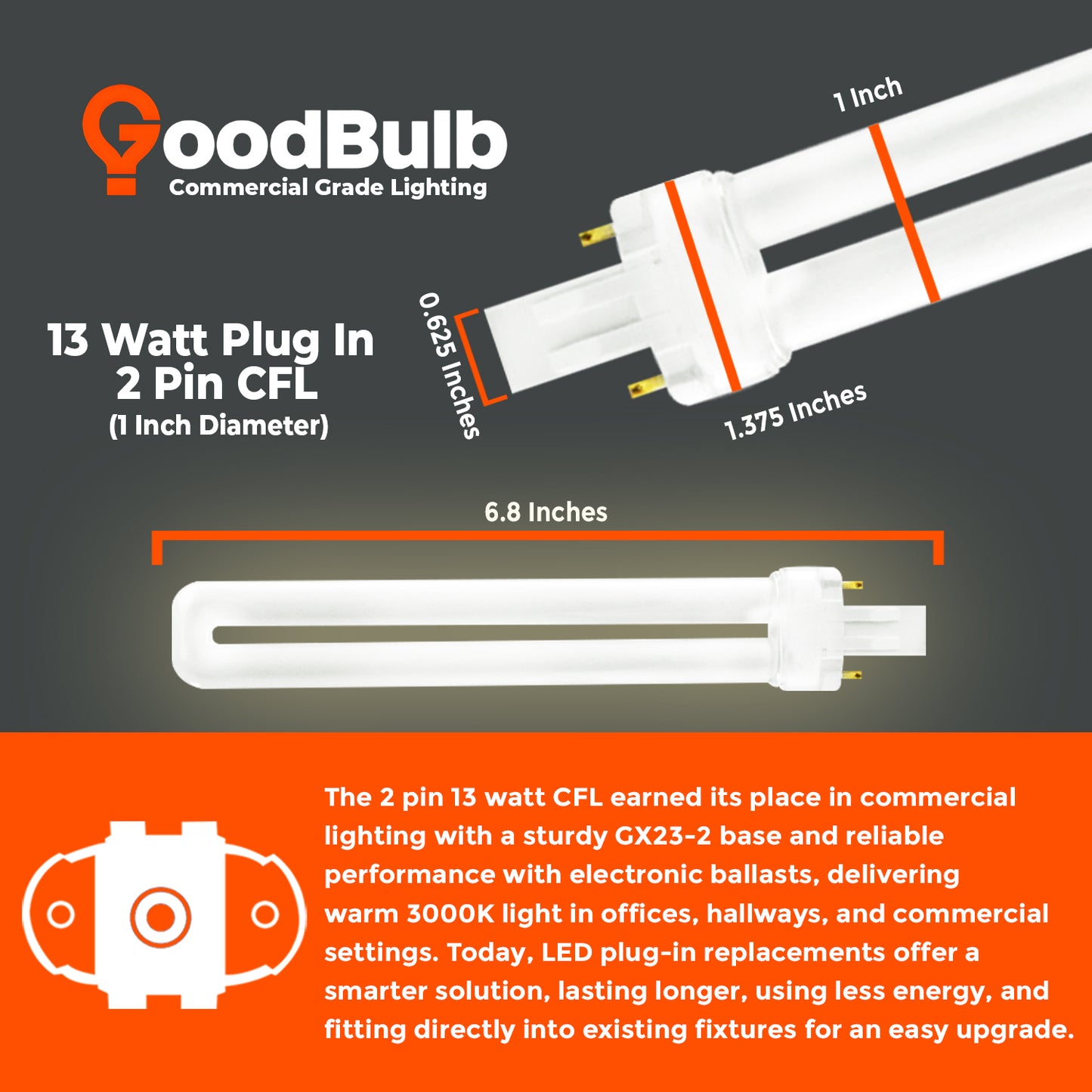 13 Watt CFL Light Bulbs - 2 Pin GX23 Base 3000K Warm White - 13W High Output 900 Lumens - Single Tube Compact Fluorescent Light Bulbs Plug-in - 10 Pack