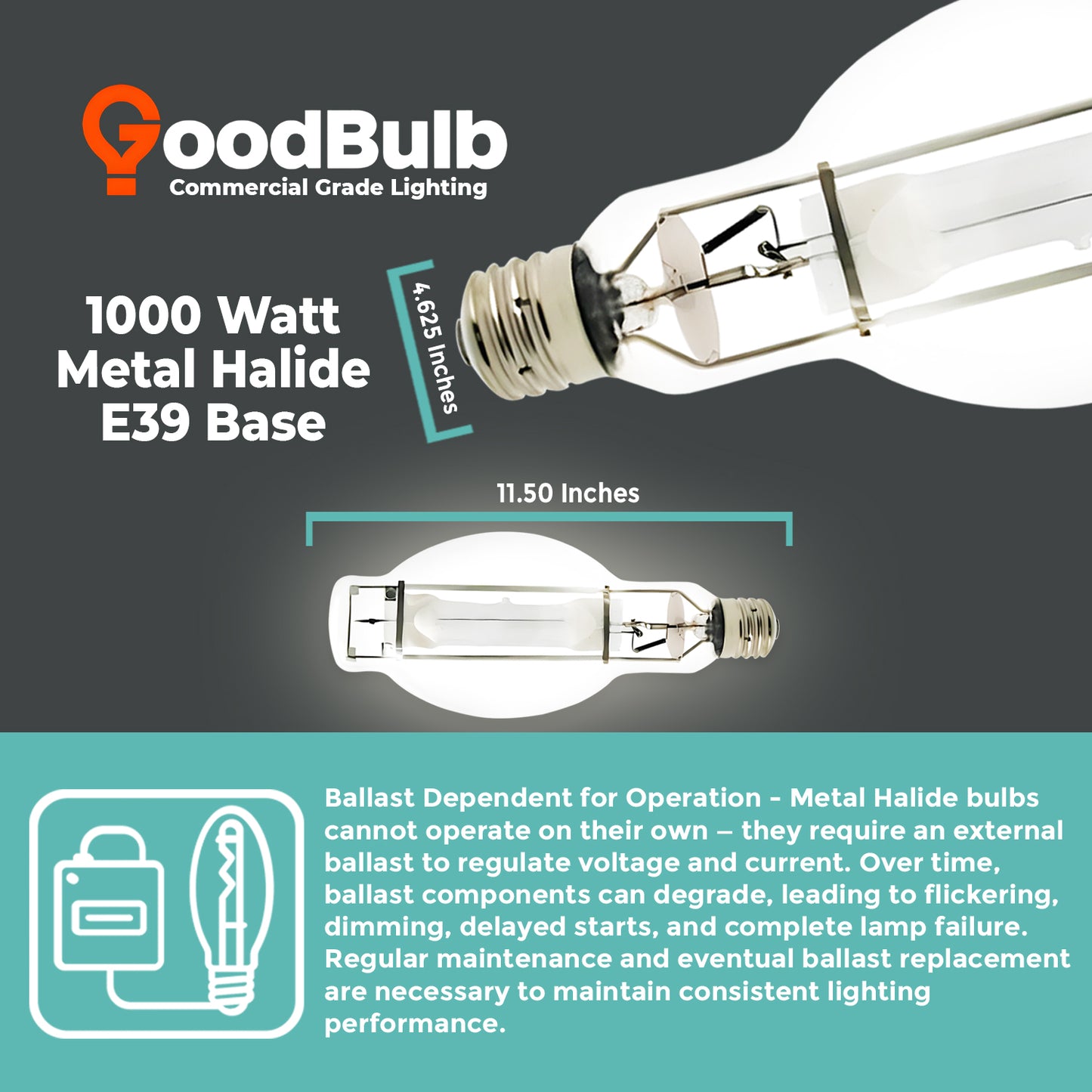 1000 Watt Metal Halide HID Light Bulb - E39 Mogul Base - Clear - 4000K Cool White - 110,000 Lumens - 12,000 Hours