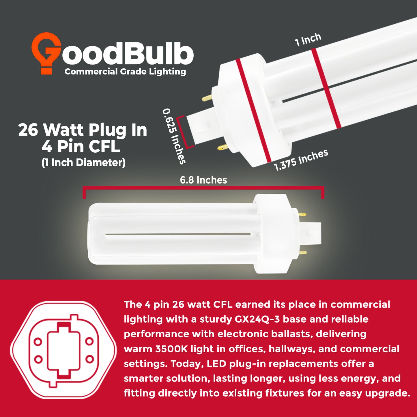 26 Watt CFL Light Bulbs - 4 Pin GX24Q-3 Base - 3500K Neutral White - 26W 1800 Lumens - Triple Tube Compact Fluorescent Light Bulbs Plug-in
