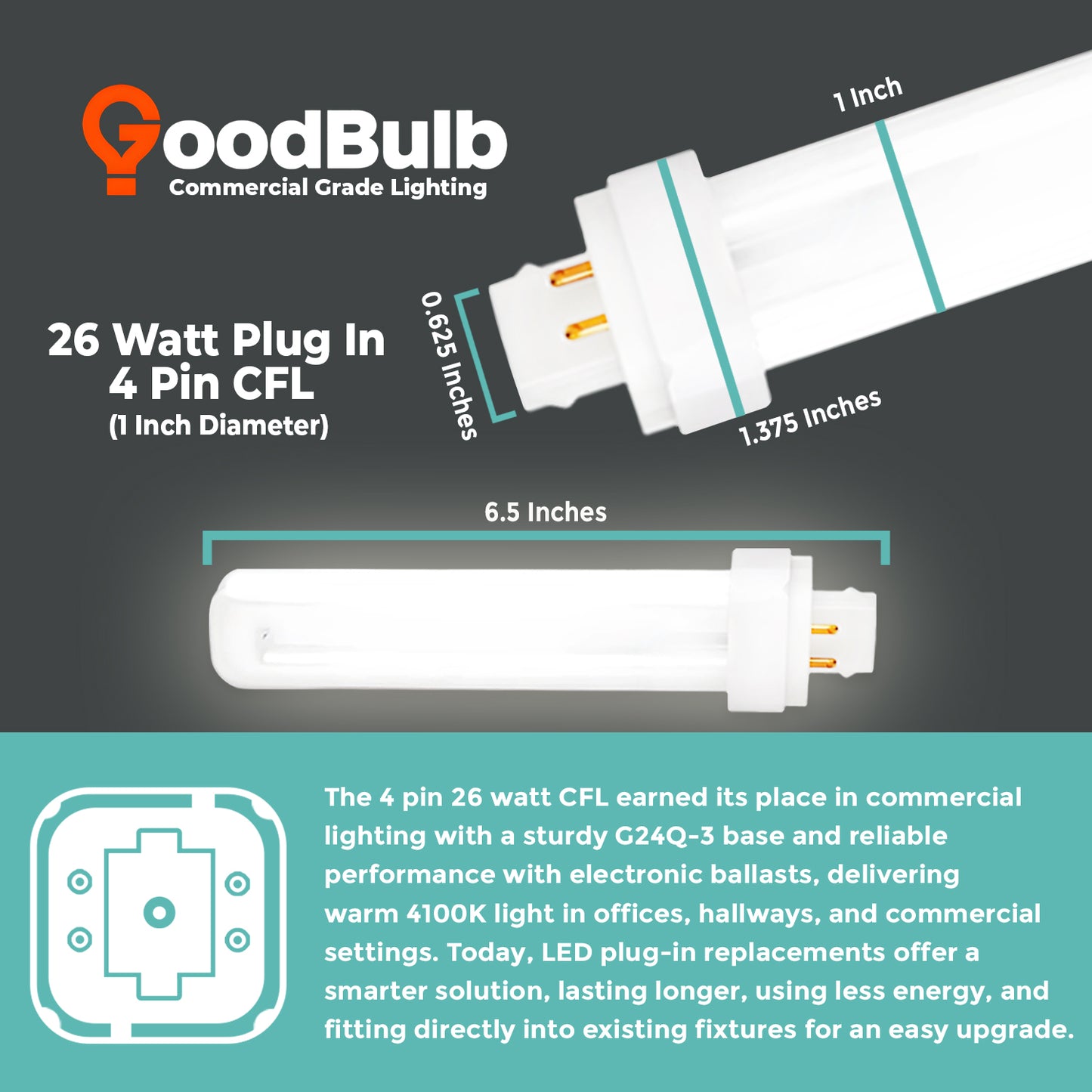 26 Watt CFL Light Bulbs - 4100K Cool White - 4 Pin G24Q-3 - 26W 1800 Lumens - Double Tube Compact Fluorescent Light Bulbs Plug-in