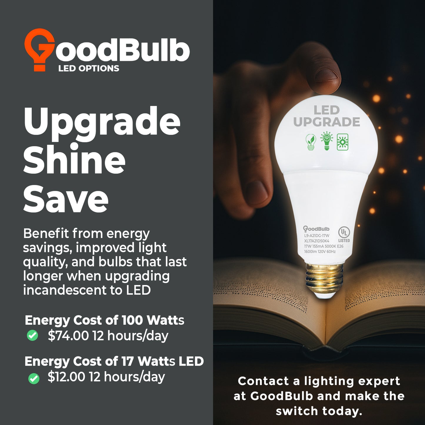 100 WATT UPGRADE ā 17 WATT DIMMABLE LED A21 ā 90+ HIGH CRI ā PLATINUM PURE WHITE LIGHT ā 1600 LUMENS ā 5000 KELVIN ā ROUGH SERVICE - 25,000 HOURS & 5 YEAR WARRANTY