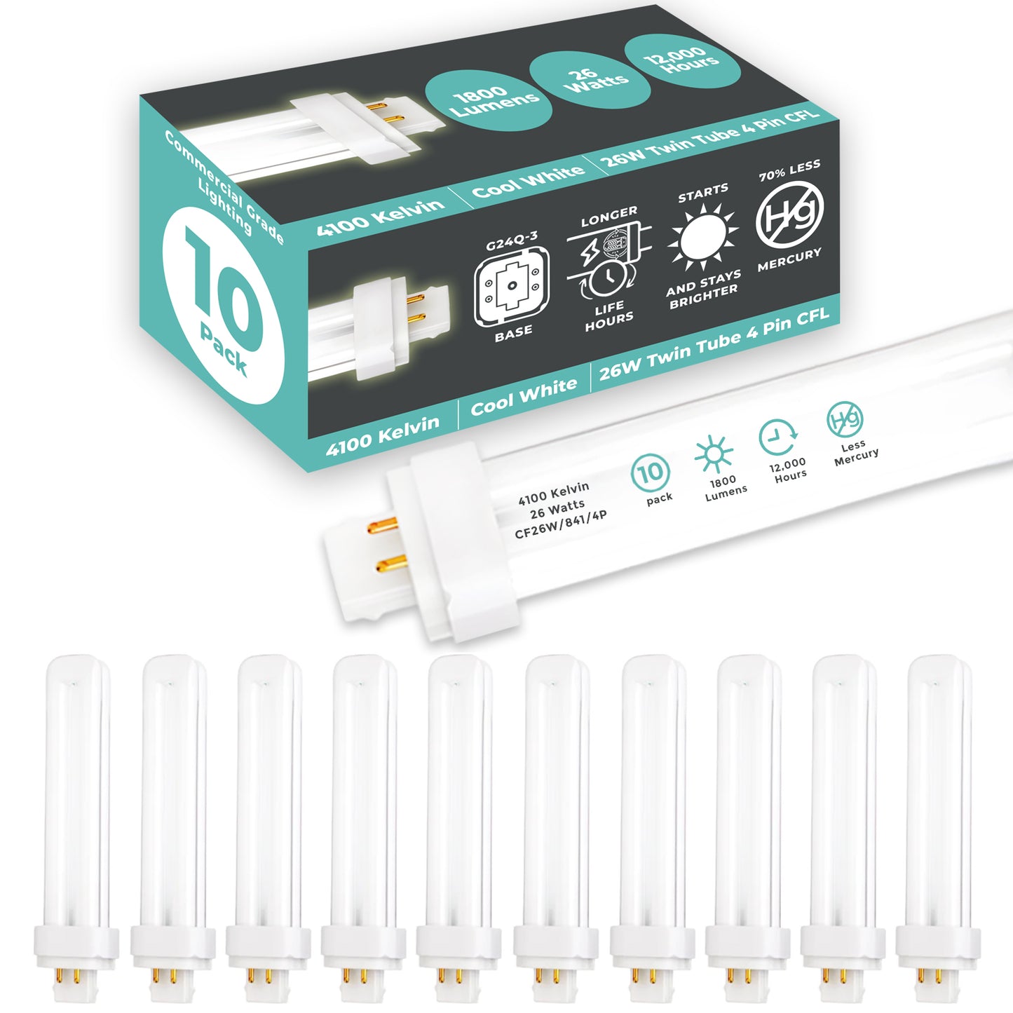 26 Watt CFL Light Bulbs - 4100K Cool White - 4 Pin G24Q-3 - 26W 1800 Lumens - Double Tube Compact Fluorescent Light Bulbs Plug-in