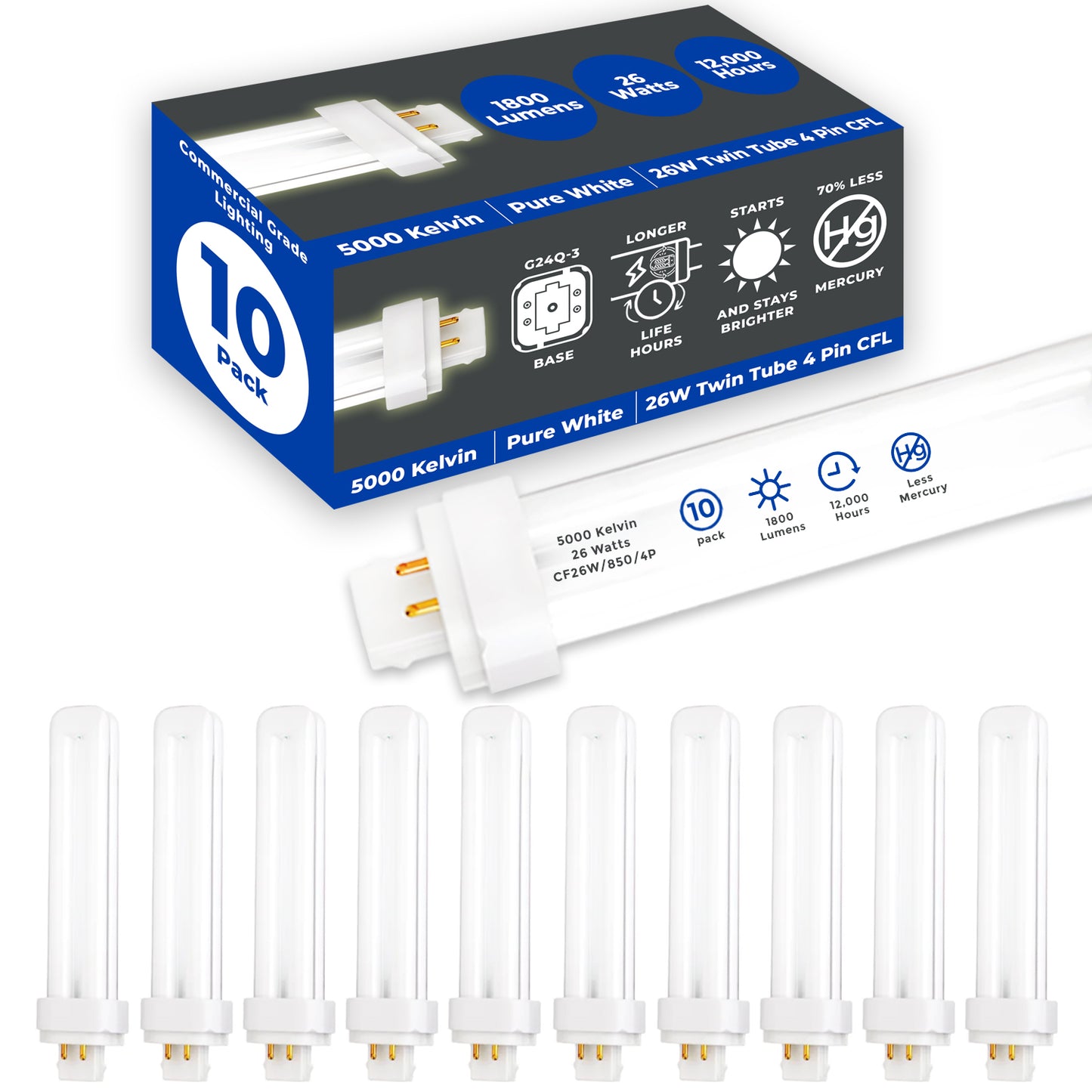 26 Watt CFL Light Bulbs - 5000K Pure White - 4 Pin G24Q-3 - 26W 1800 Lumens - Double Tube Compact Fluorescent Light Bulbs Plug-in