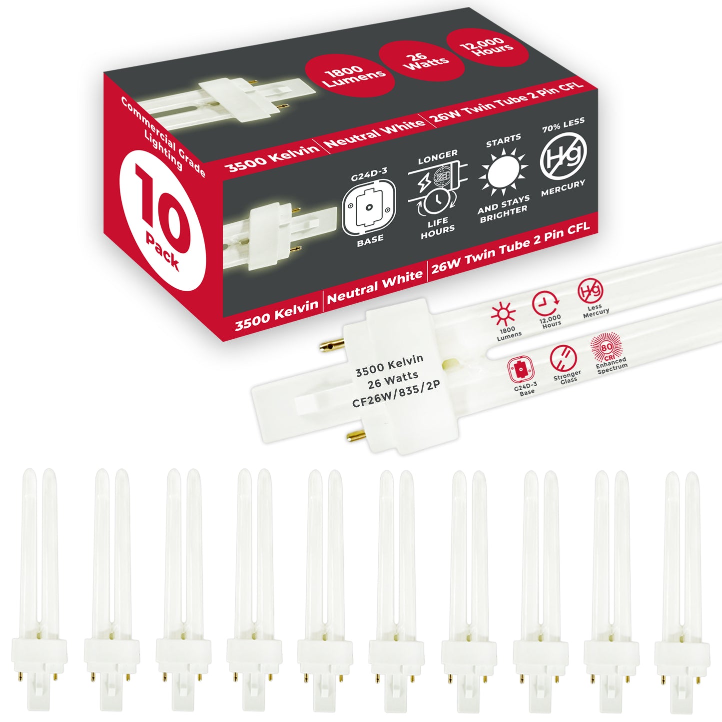 26 Watt CFL Bulbs - 3500K Soft White - 2 Pin G24D-3 - 26W 1800 Lumens - Double Tube Compact Fluorescent Plug-in