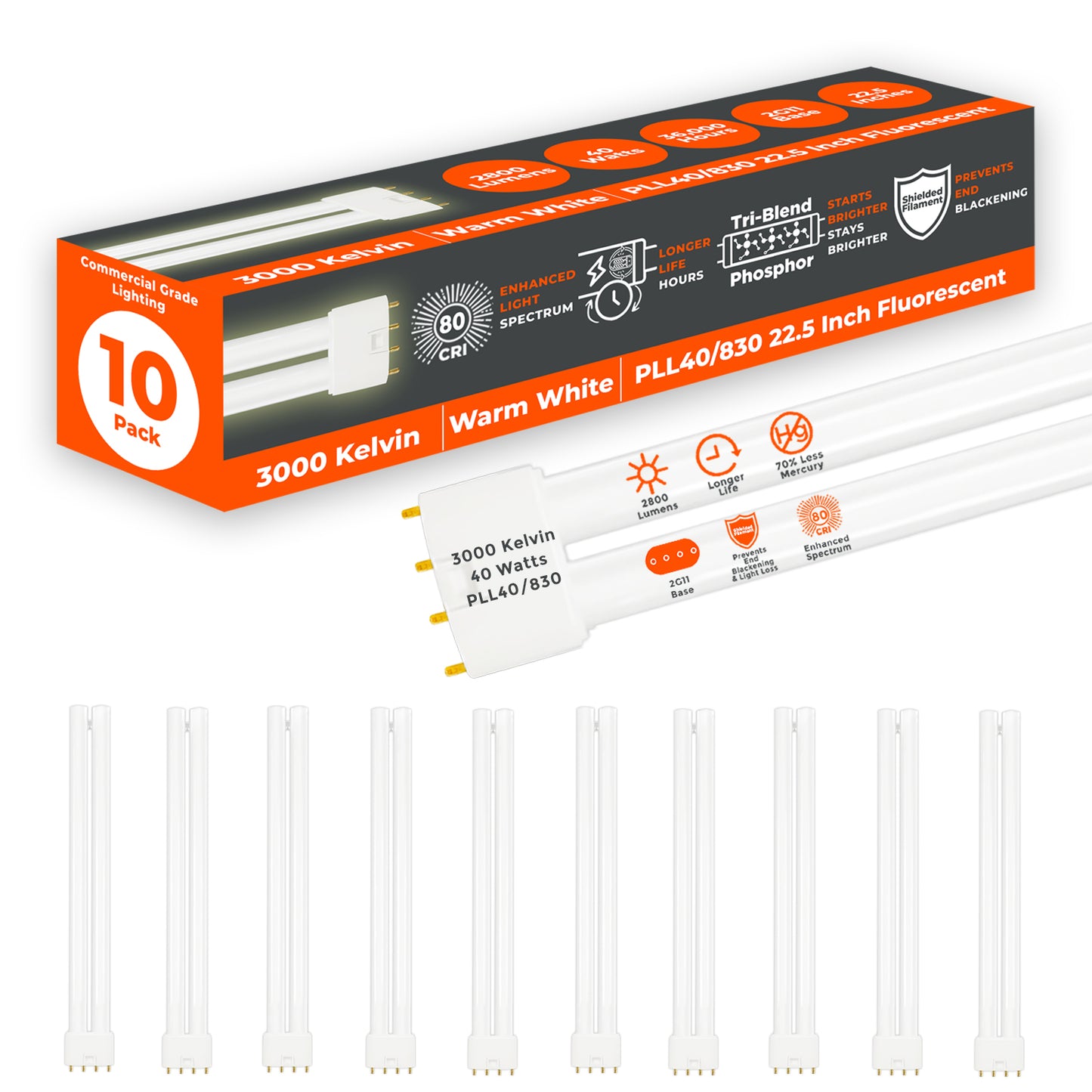 PLL40/830 - 40 Watt - 22.5 Inch Twin Tube CFL - 4-pin 2G11 Base - 3000K Warm White 2800 Lumen - 12000 Life Hours