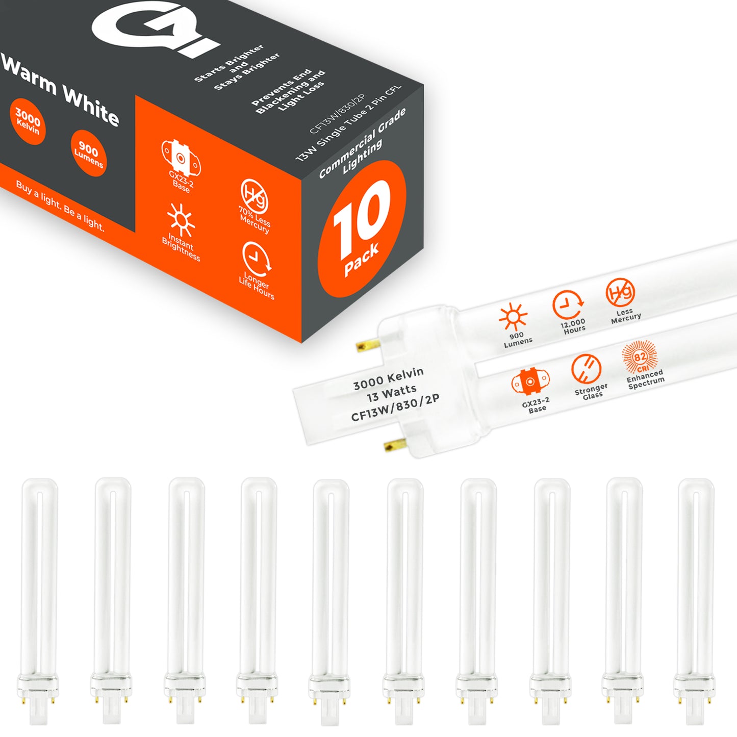 13 Watt CFL Light Bulbs - 2 Pin GX23 Base 3000K Warm White - 13W High Output 900 Lumens - Single Tube Compact Fluorescent Light Bulbs Plug-in - 10 Pack