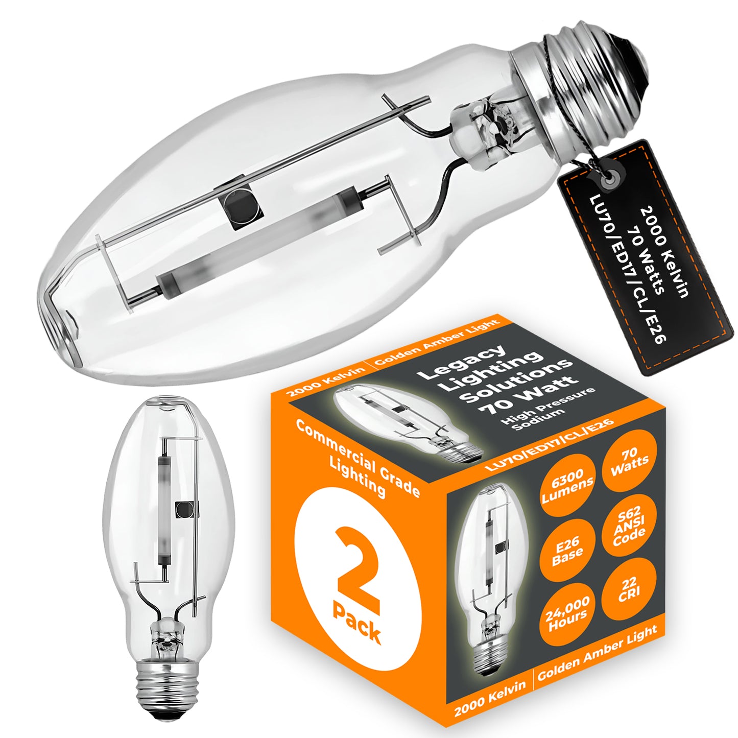 70-Watt High Pressure Sodium HID Light Bulb - E26 Base - Clear Finish - 2000K Warm White Color - 6300 Lumens - 24,000 Hours - 2 Pack