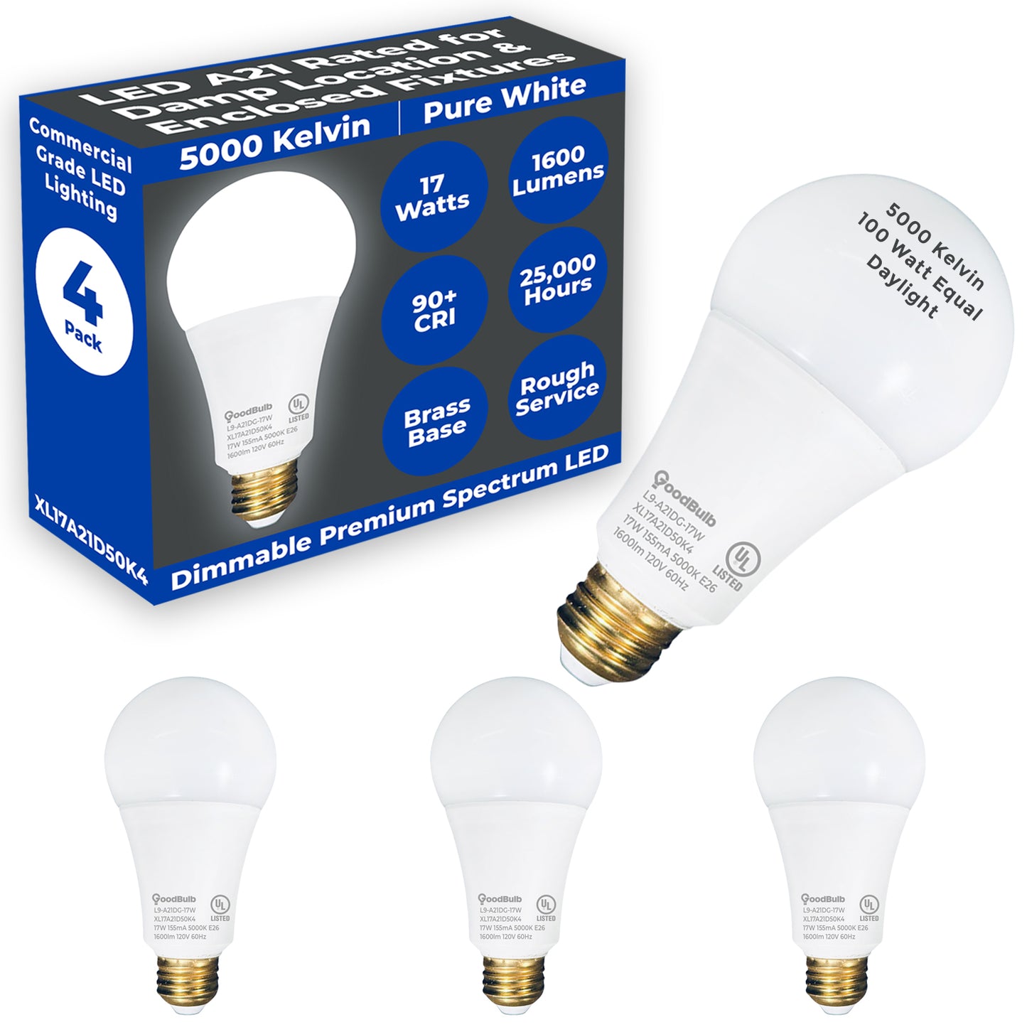 100 WATT UPGRADE ā 17 WATT DIMMABLE LED A21 ā 90+ HIGH CRI ā PLATINUM PURE WHITE LIGHT ā 1600 LUMENS ā 5000 KELVIN ā ROUGH SERVICE - 25,000 HOURS & 5 YEAR WARRANTY