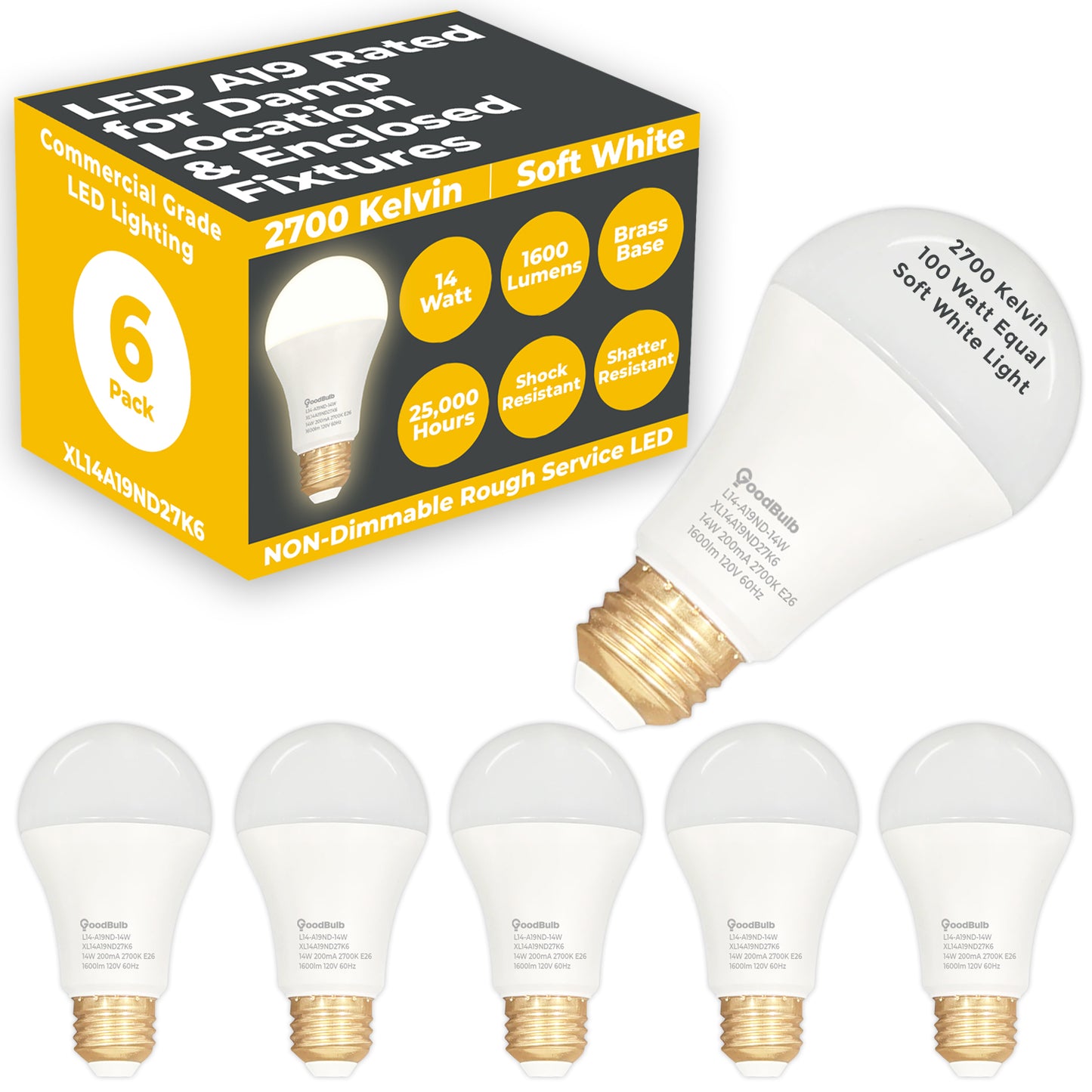 100 WATT REPLACEMENT ā 14 WATT ROUGH SERVICE LED A19 ā WARM INCANDESCENT SPARKLE ā 1600 LUMENS ā 2700 KELVIN ā NON DIMMABLE - 25,000 HOURS - 5 YEAR WARRANTY
