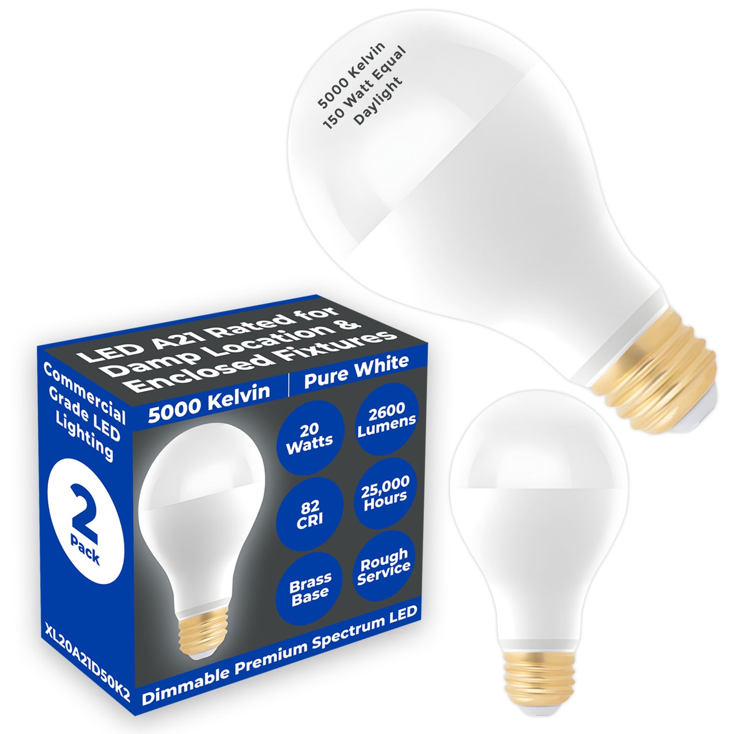150 WATT UPGRADE - 20 WATT DIMMABLE A Shape - ROUGH SERVICE LEDS - PLATINUM PURE WHITE LIGHT - 2600 LUMENS - 5000 KELVIN - 25,000 HOURS & 5 YEAR WARRANTY