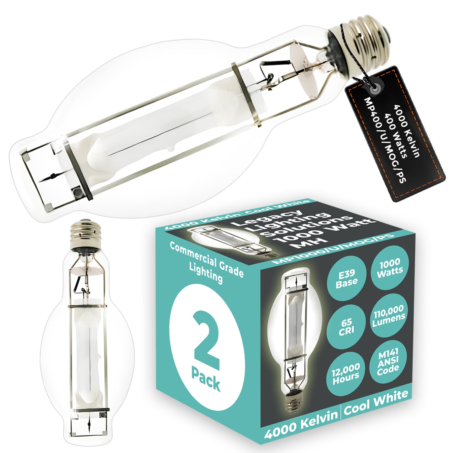1000 Watt Metal Halide HID Light Bulb - E39 Mogul Base - Clear - 4000K Cool White - 110,000 Lumens - 12,000 Hours