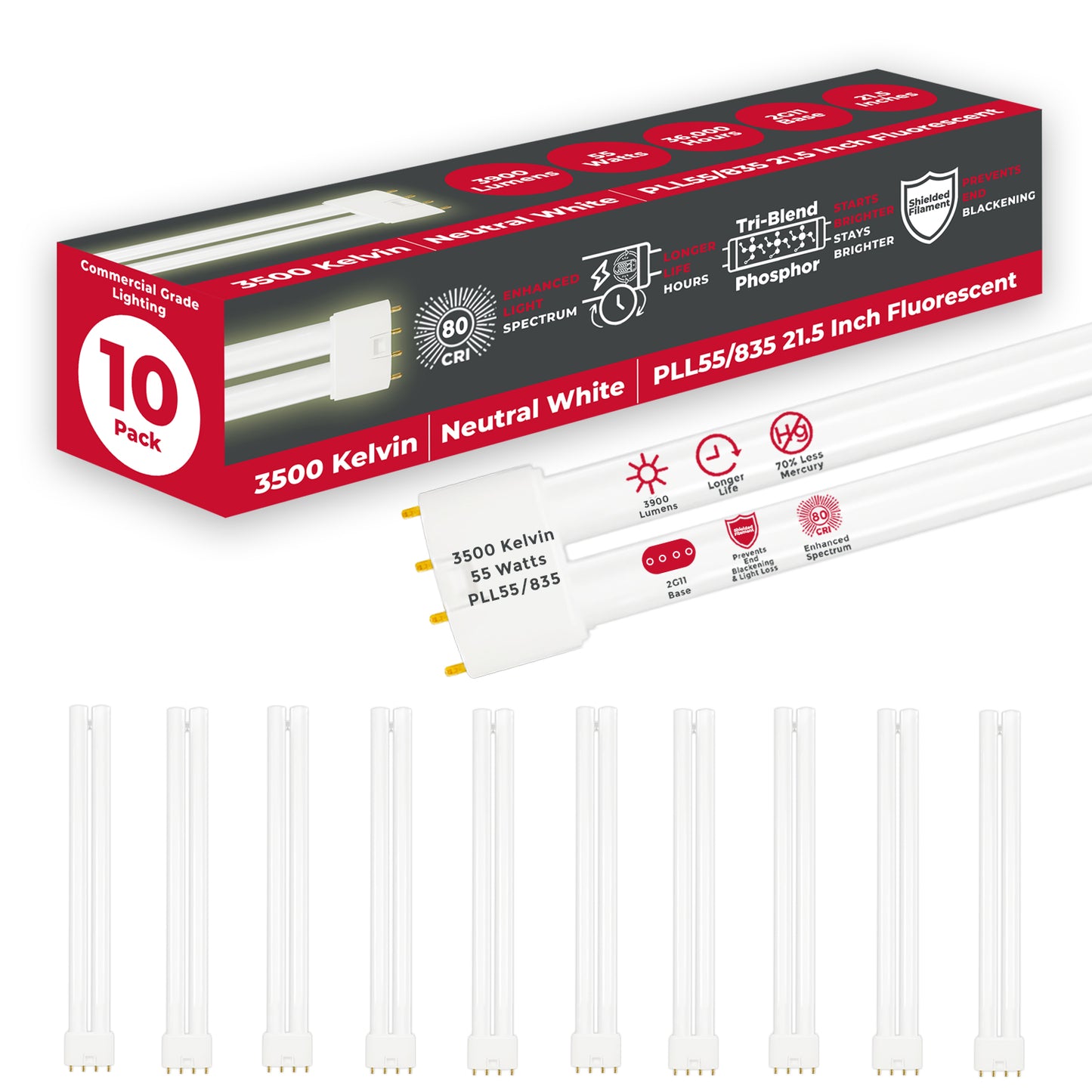 PLL55/835 - 55 Watt - 21.2 Inch Twin Tube CFL - 4-pin 2G11 Base - 3500K Neutral White 3,900 Lumen - 36,000 Life Hours