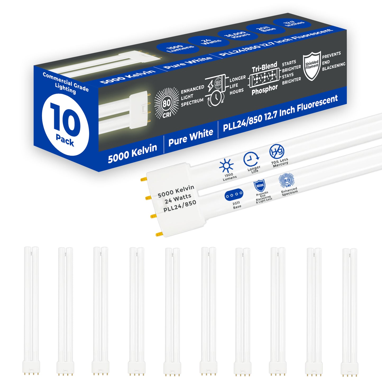 PLL24/850 - 24 Watt - 12.7 Inch Twin Tube CFL - 4-pin 2G11 Base - 5000K Pure White 1500 Lumen - 36,000 Life Hours