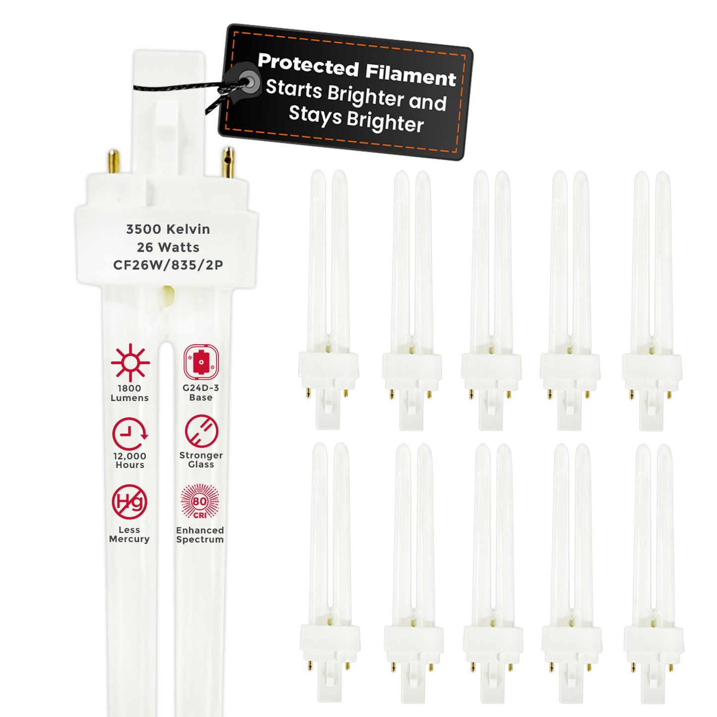 26 Watt CFL Bulbs - 3500K Soft White - 2 Pin G24D-3 - 26W 1800 Lumens - Double Tube Compact Fluorescent Plug-in