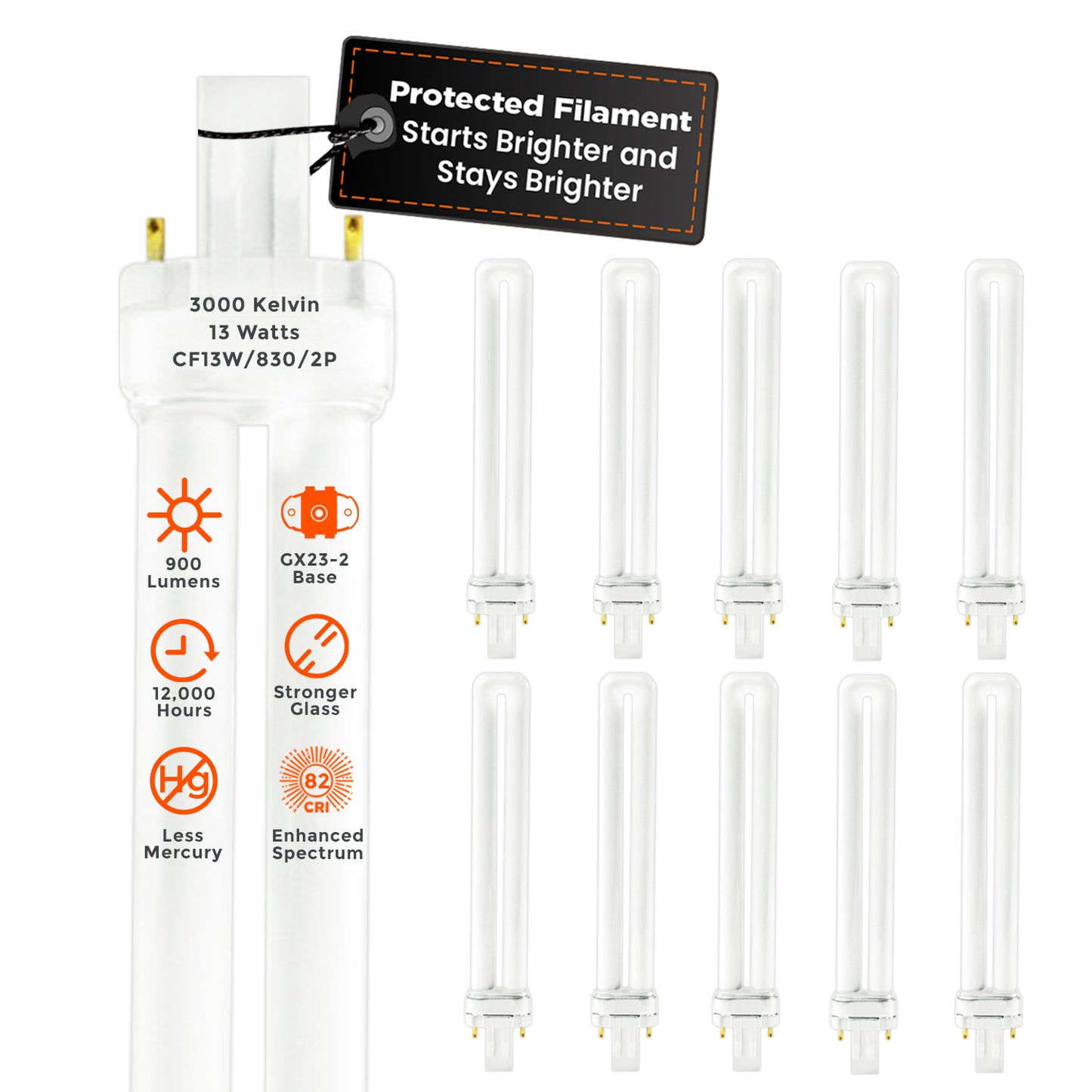 13 Watt CFL Light Bulbs - 2 Pin GX23 Base 3000K Warm White - 13W High Output 900 Lumens - Single Tube Compact Fluorescent Light Bulbs Plug-in - 10 Pack
