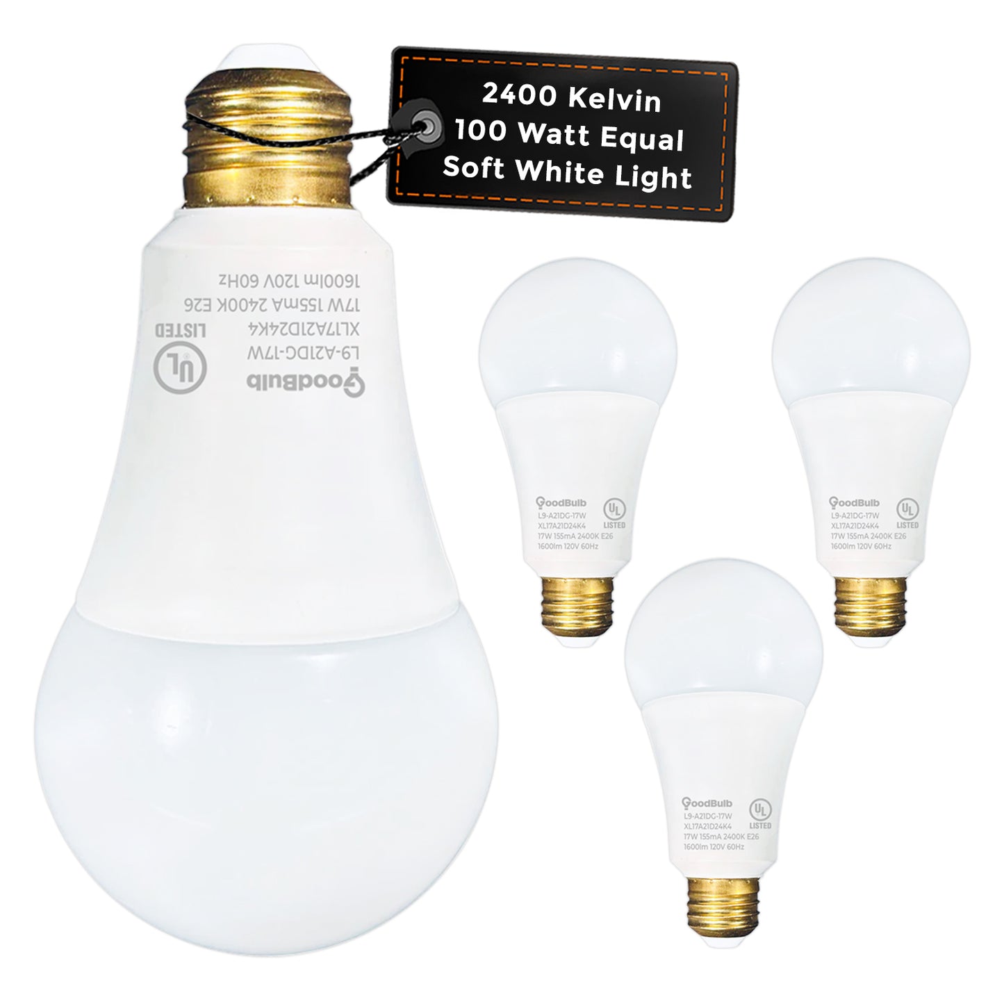 100 WATT UPGRADE – 17 WATT DIMMABLE LED A21 – 90+ HIGH CRI – SERENE SOFT WARM LIGHT – 1600 LUMENS – 2400 KELVIN – ROUGH SERVICE - 25,000 HOURS & 5 YEAR WARRANTY