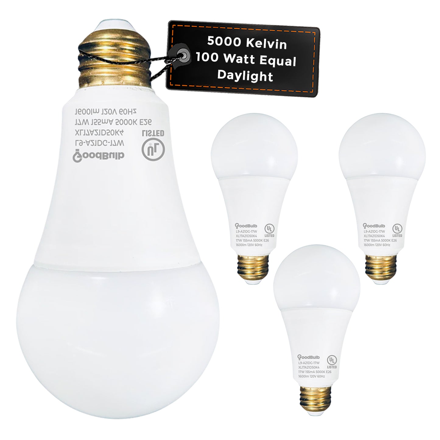 100 WATT UPGRADE ā 17 WATT DIMMABLE LED A21 ā 90+ HIGH CRI ā PLATINUM PURE WHITE LIGHT ā 1600 LUMENS ā 5000 KELVIN ā ROUGH SERVICE - 25,000 HOURS & 5 YEAR WARRANTY