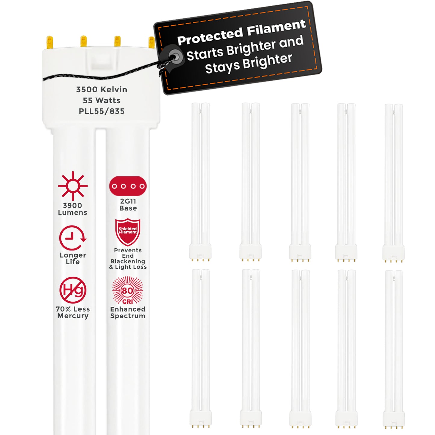 PLL55/835 - 55 Watt - 21.2 Inch Twin Tube CFL - 4-pin 2G11 Base - 3500K Neutral White 3,900 Lumen - 36,000 Life Hours