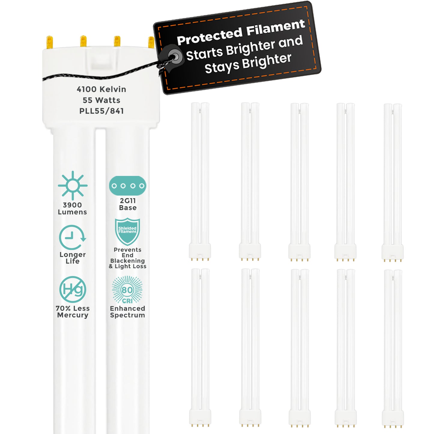 PLL55/841 - 55 Watt - 21.2 Inch Twin Tube CFL - 4-pin 2G11 Base - 4100K Cool White 3,900 Lumen - 36,000 Life Hours