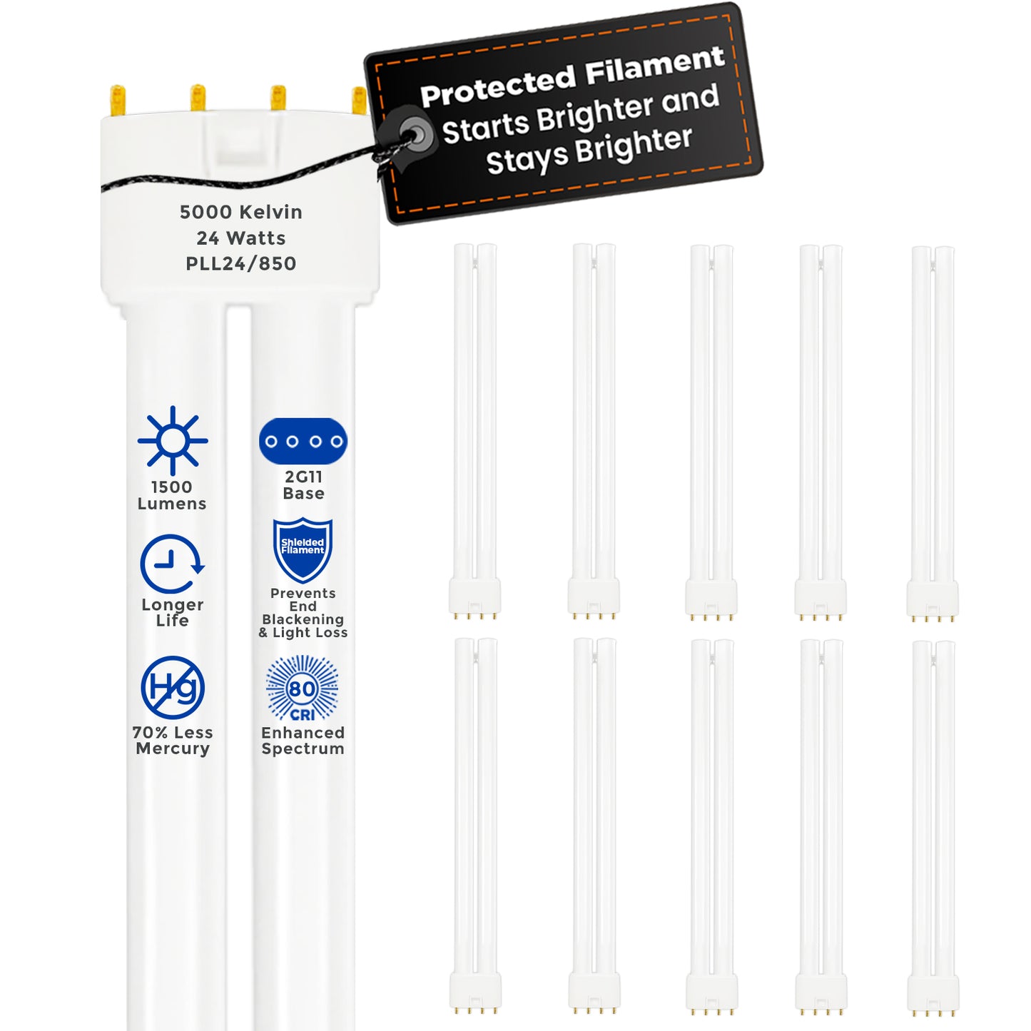 PLL24/850 - 24 Watt - 12.7 Inch Twin Tube CFL - 4-pin 2G11 Base - 5000K Pure White 1500 Lumen - 36,000 Life Hours