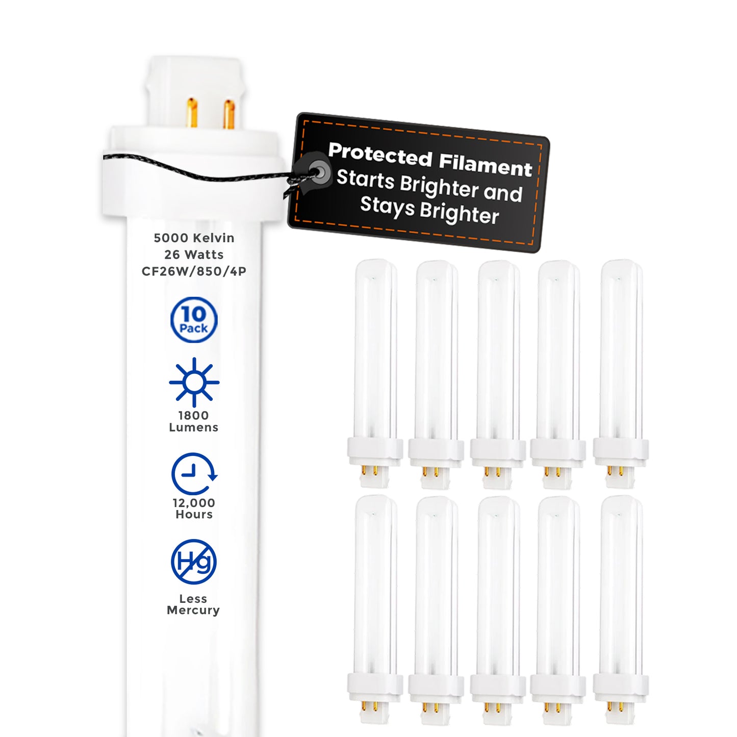 26 Watt CFL Light Bulbs - 5000K Pure White - 4 Pin G24Q-3 - 26W 1800 Lumens - Double Tube Compact Fluorescent Light Bulbs Plug-in