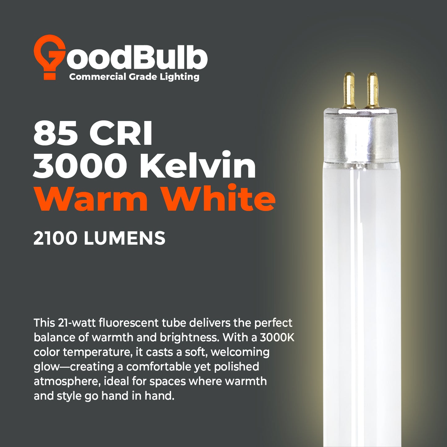 F21T5/830 - 21 Watt 34 Inch T5 Fluorescent Light Bulb - 3000K Warm White - 2100 Lumens - 36,000 Hours