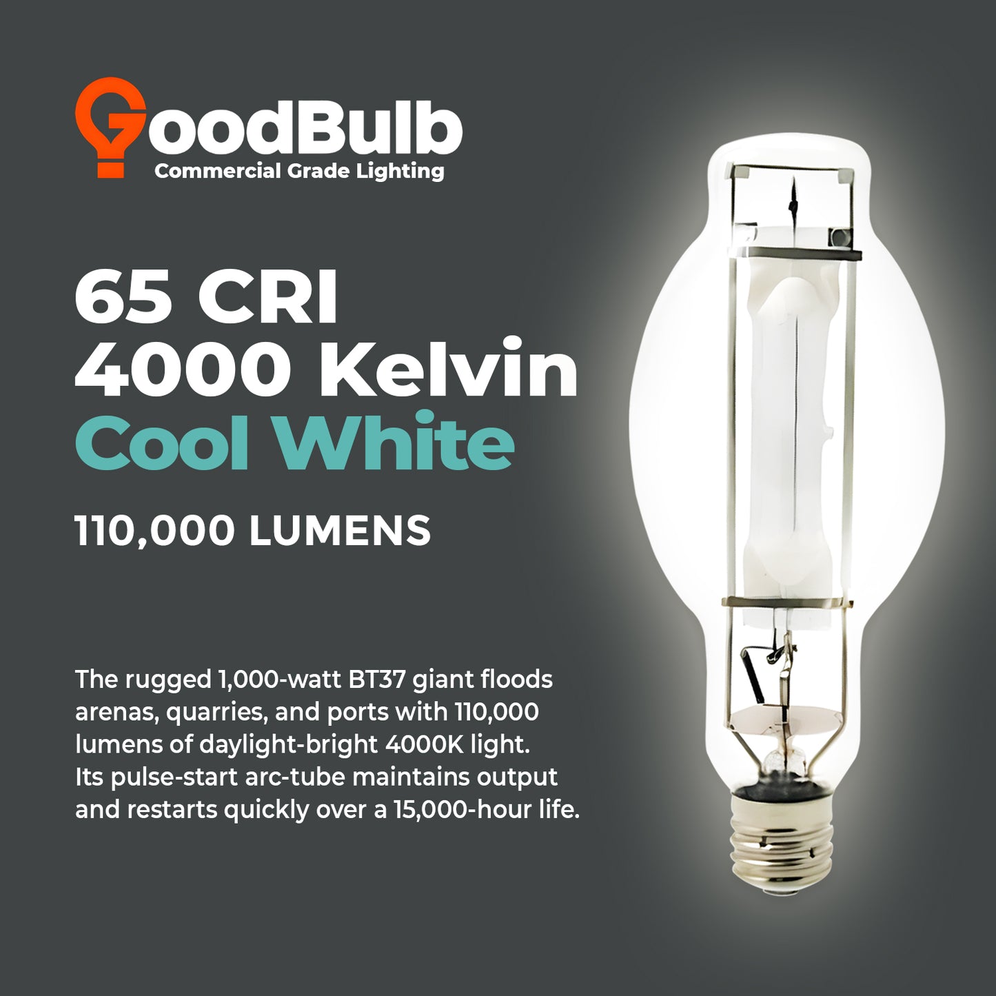 1000 Watt Metal Halide HID Light Bulb - E39 Mogul Base - Clear - 4000K Cool White - 110,000 Lumens - 12,000 Hours