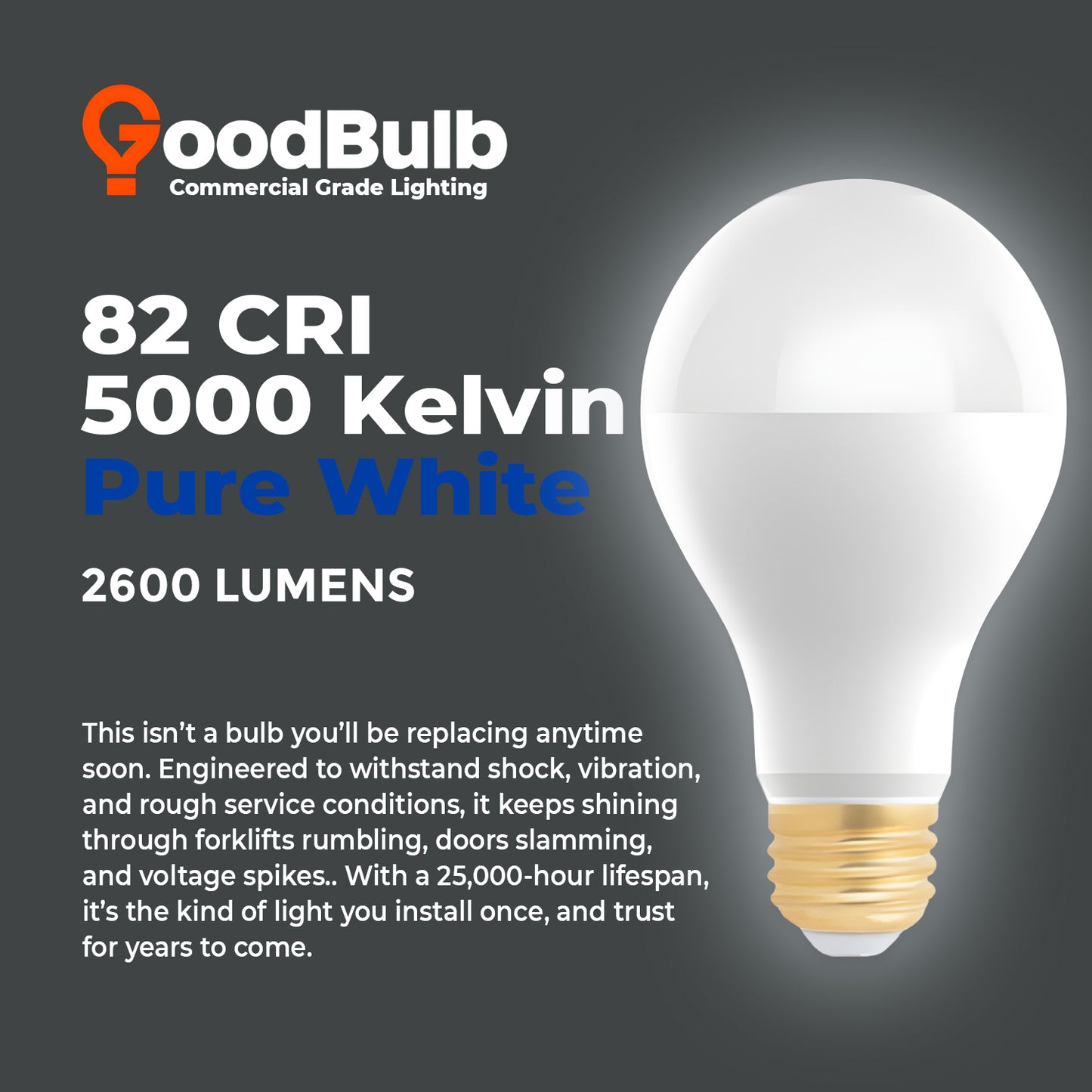 150 WATT UPGRADE - 20 WATT DIMMABLE A Shape - ROUGH SERVICE LEDS - PLATINUM PURE WHITE LIGHT - 2600 LUMENS - 5000 KELVIN - 25,000 HOURS & 5 YEAR WARRANTY