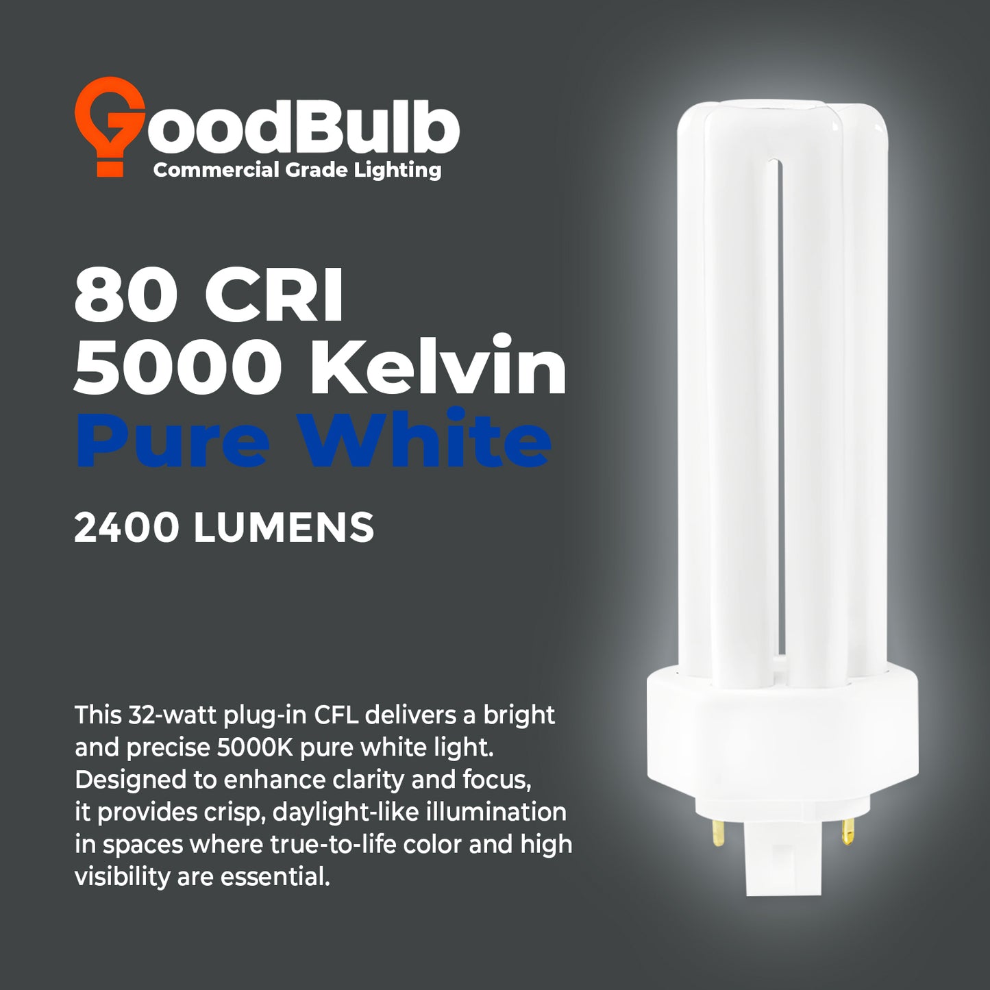 32 Watt CFL Light Bulbs - 4 Pin GX24Q-3 Base - 5000K Pure White - 32W 2400 Lumens - Triple Tube Compact Fluorescent Light Bulbs Plug-in