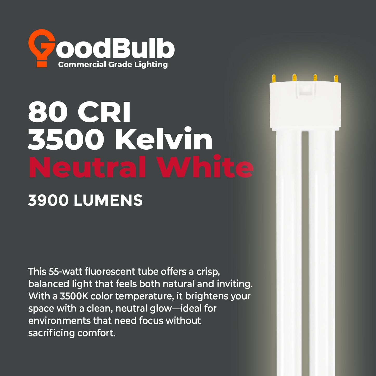 PLL55/835 - 55 Watt - 21.2 Inch Twin Tube CFL - 4-pin 2G11 Base - 3500K Neutral White 3,900 Lumen - 36,000 Life Hours