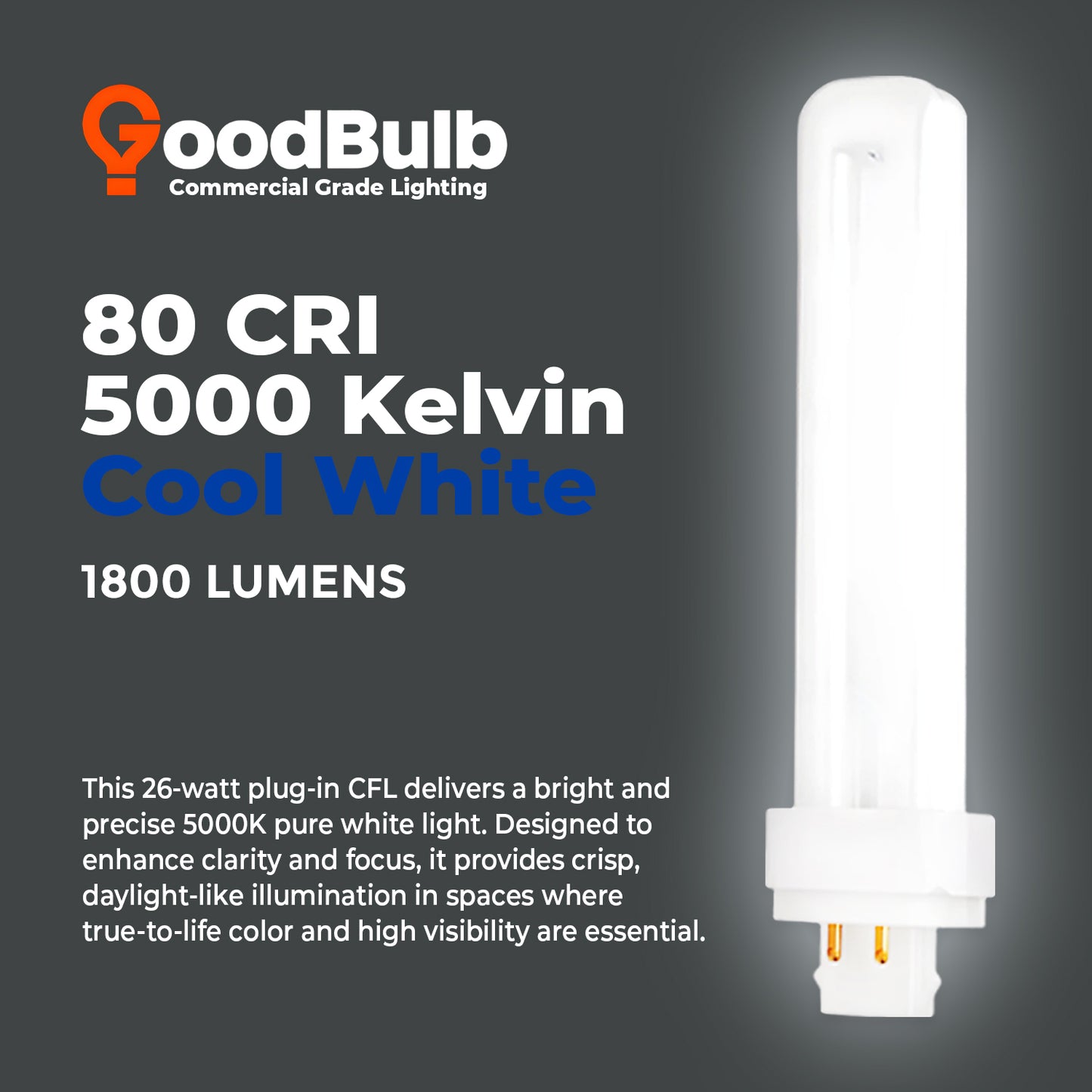 26 Watt CFL Light Bulbs - 5000K Pure White - 4 Pin G24Q-3 - 26W 1800 Lumens - Double Tube Compact Fluorescent Light Bulbs Plug-in
