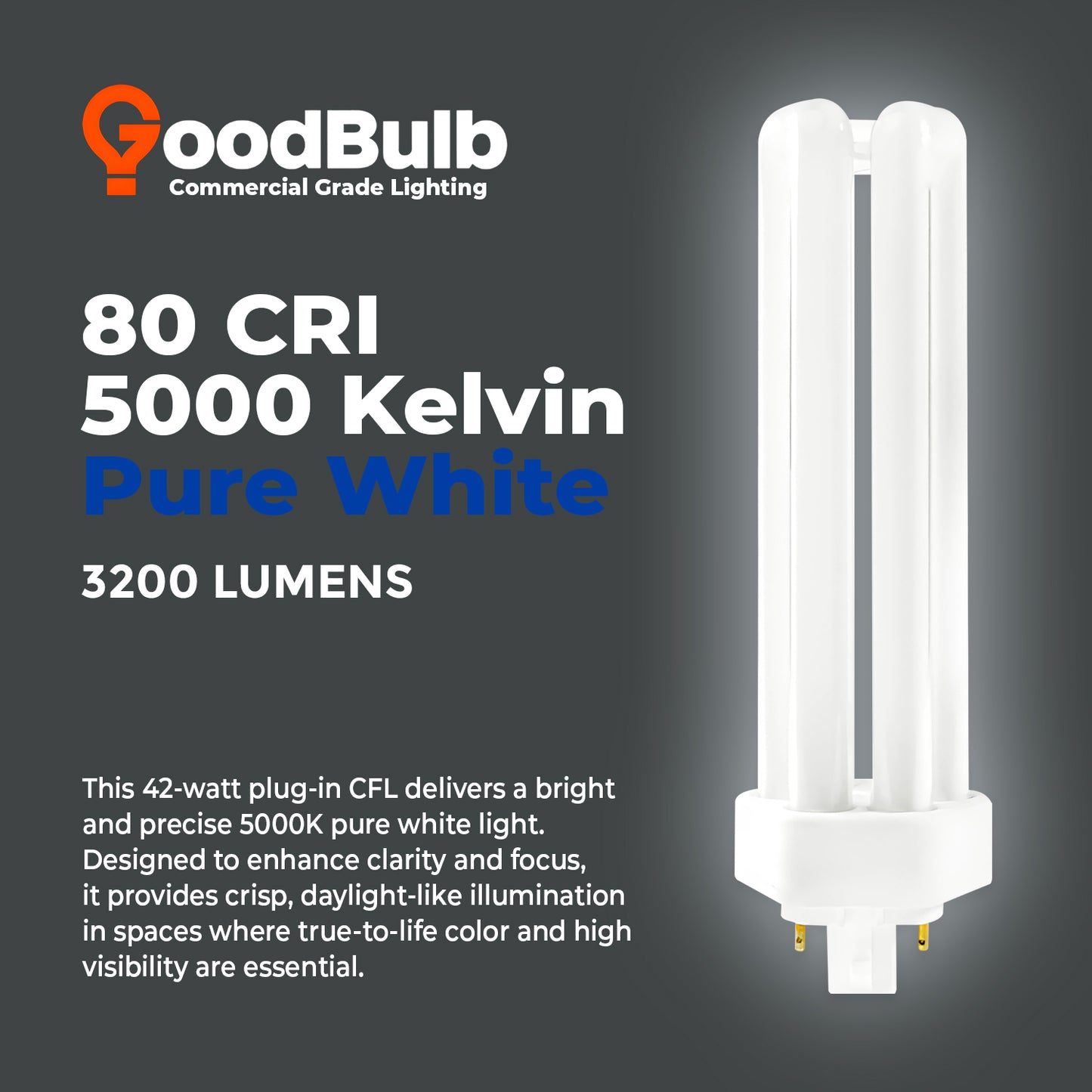 42 Watt CFL Light Bulbs - 4 Pin GX24Q-4 Base - 5000K Pure White - 42W 3200 Lumens - Triple Tube Compact Fluorescent Light Bulbs Plug-in