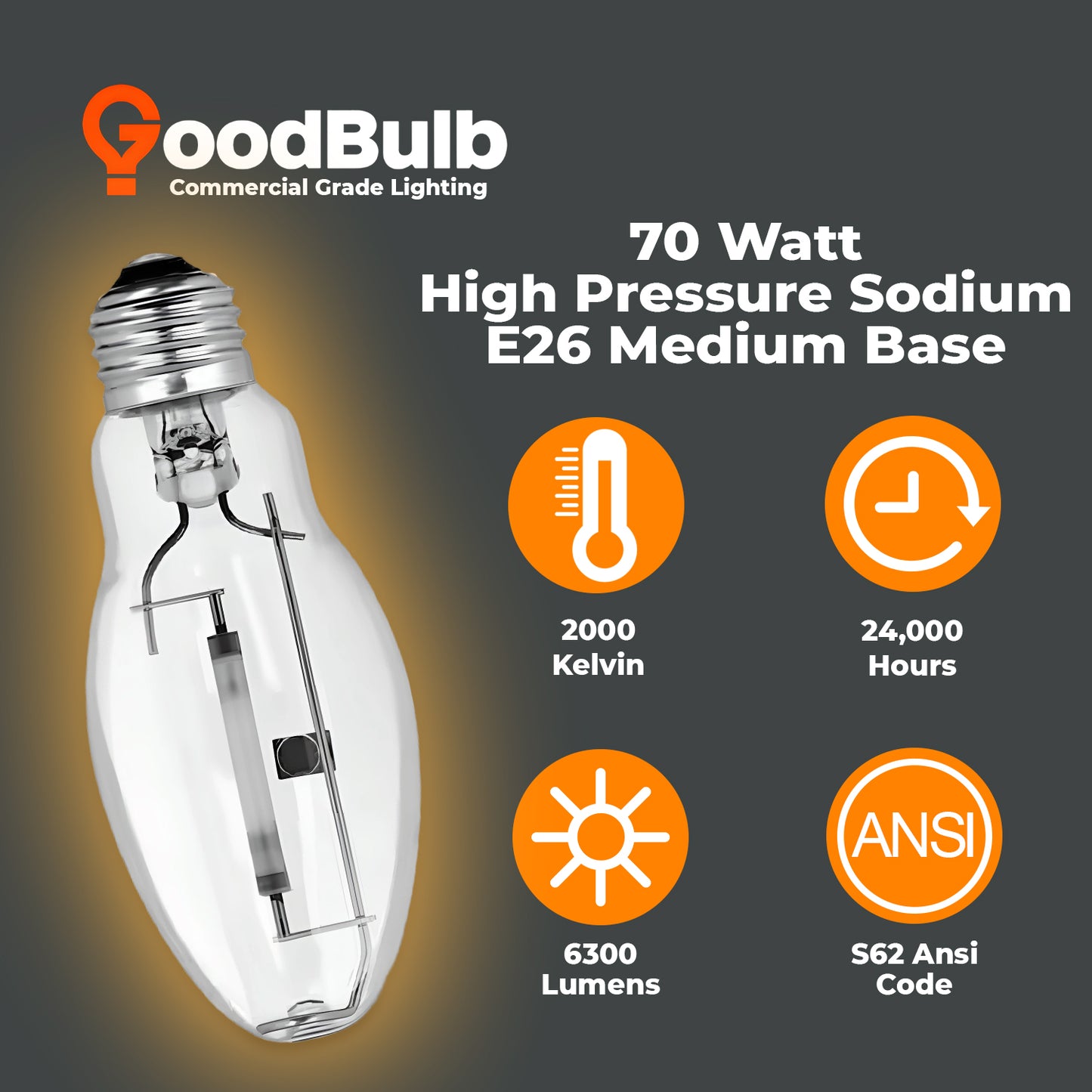 70-Watt High Pressure Sodium HID Light Bulb - E26 Base - Clear Finish - 2000K Warm White Color - 6300 Lumens - 24,000 Hours - 2 Pack