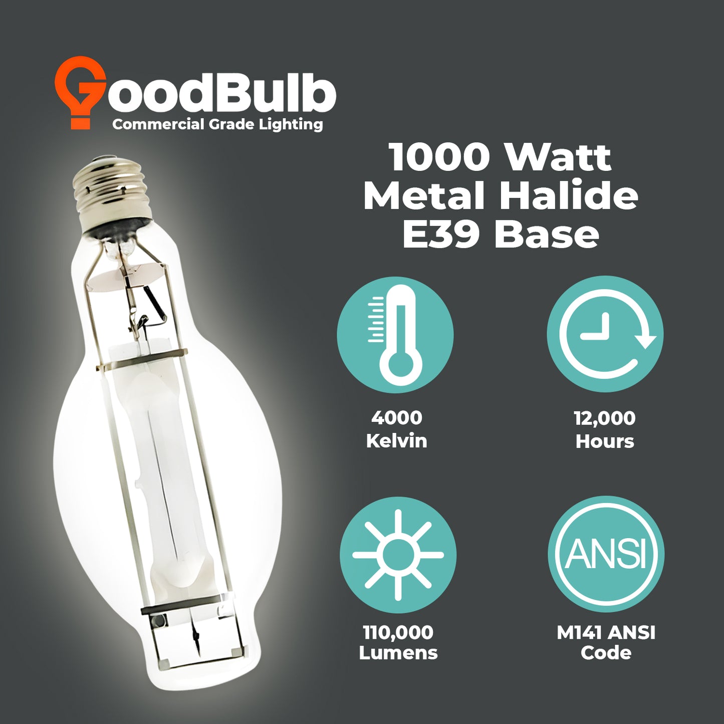 1000 Watt Metal Halide HID Light Bulb - E39 Mogul Base - Clear - 4000K Cool White - 110,000 Lumens - 12,000 Hours