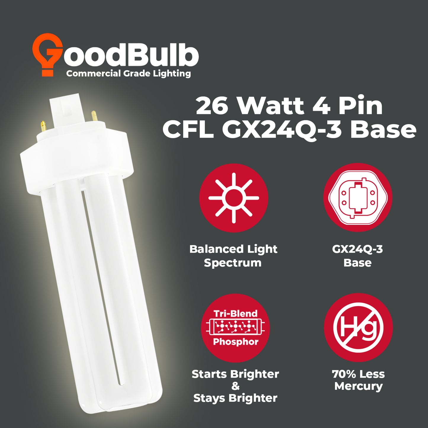 26 Watt CFL Light Bulbs - 4 Pin GX24Q-3 Base - 3500K Neutral White - 26W 1800 Lumens - Triple Tube Compact Fluorescent Light Bulbs Plug-in