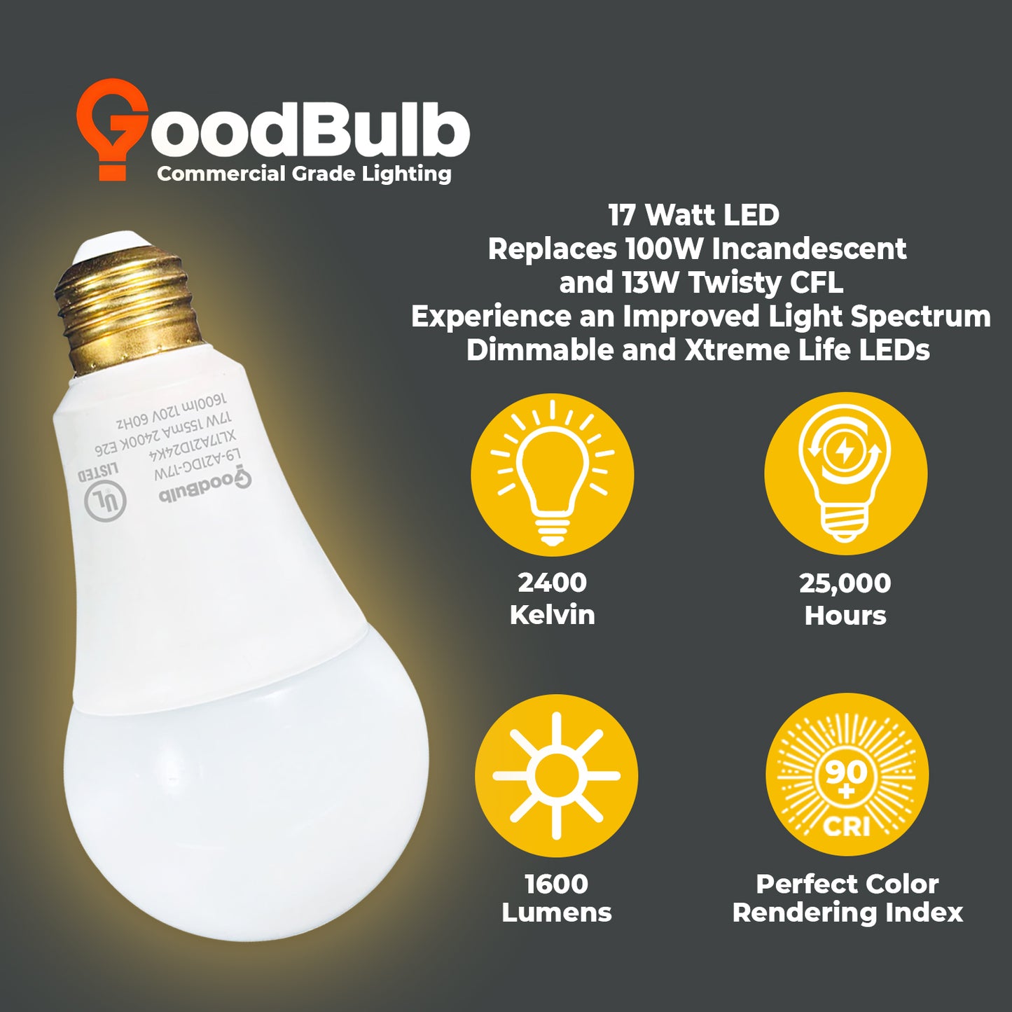 100 WATT UPGRADE – 17 WATT DIMMABLE LED A21 – 90+ HIGH CRI – SERENE SOFT WARM LIGHT – 1600 LUMENS – 2400 KELVIN – ROUGH SERVICE - 25,000 HOURS & 5 YEAR WARRANTY