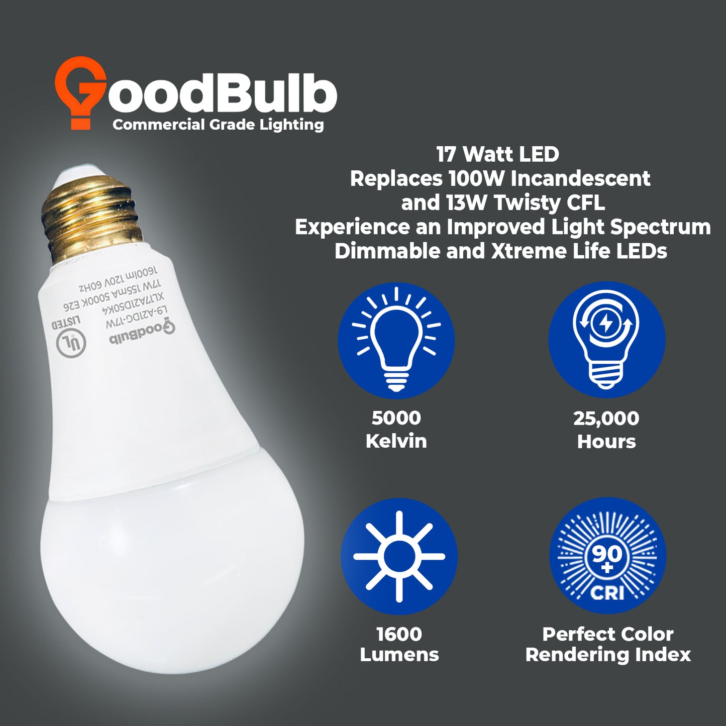 100 WATT UPGRADE ā 17 WATT DIMMABLE LED A21 ā 90+ HIGH CRI ā PLATINUM PURE WHITE LIGHT ā 1600 LUMENS ā 5000 KELVIN ā ROUGH SERVICE - 25,000 HOURS & 5 YEAR WARRANTY